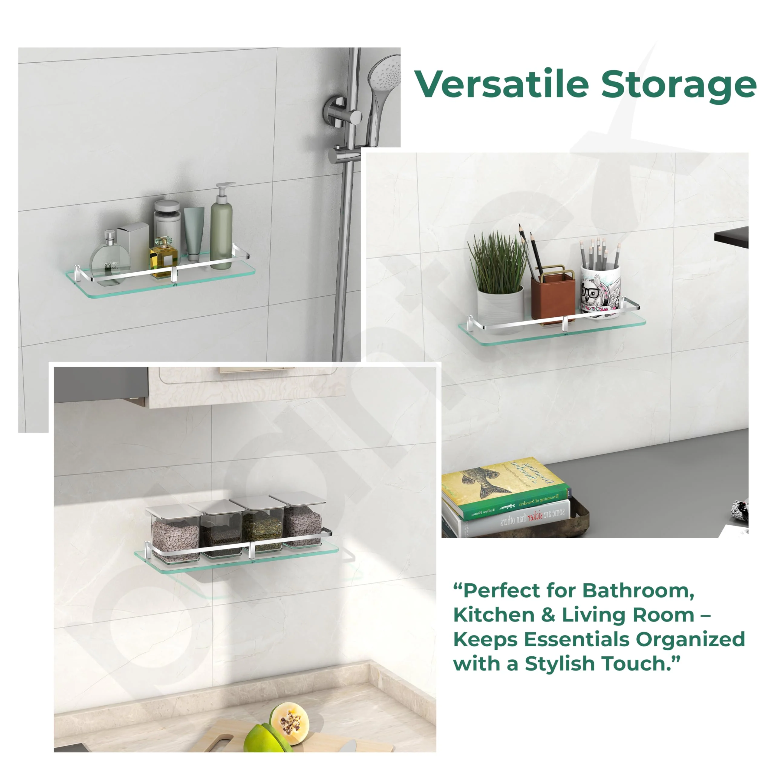 Plantex Glass Shelves for Bathroom/Frosted Bathroom Glass Wall Shelf with Brass Railings and Brackets- Pack of 2 (15 x 6 Inch, Chrome) - Image 7