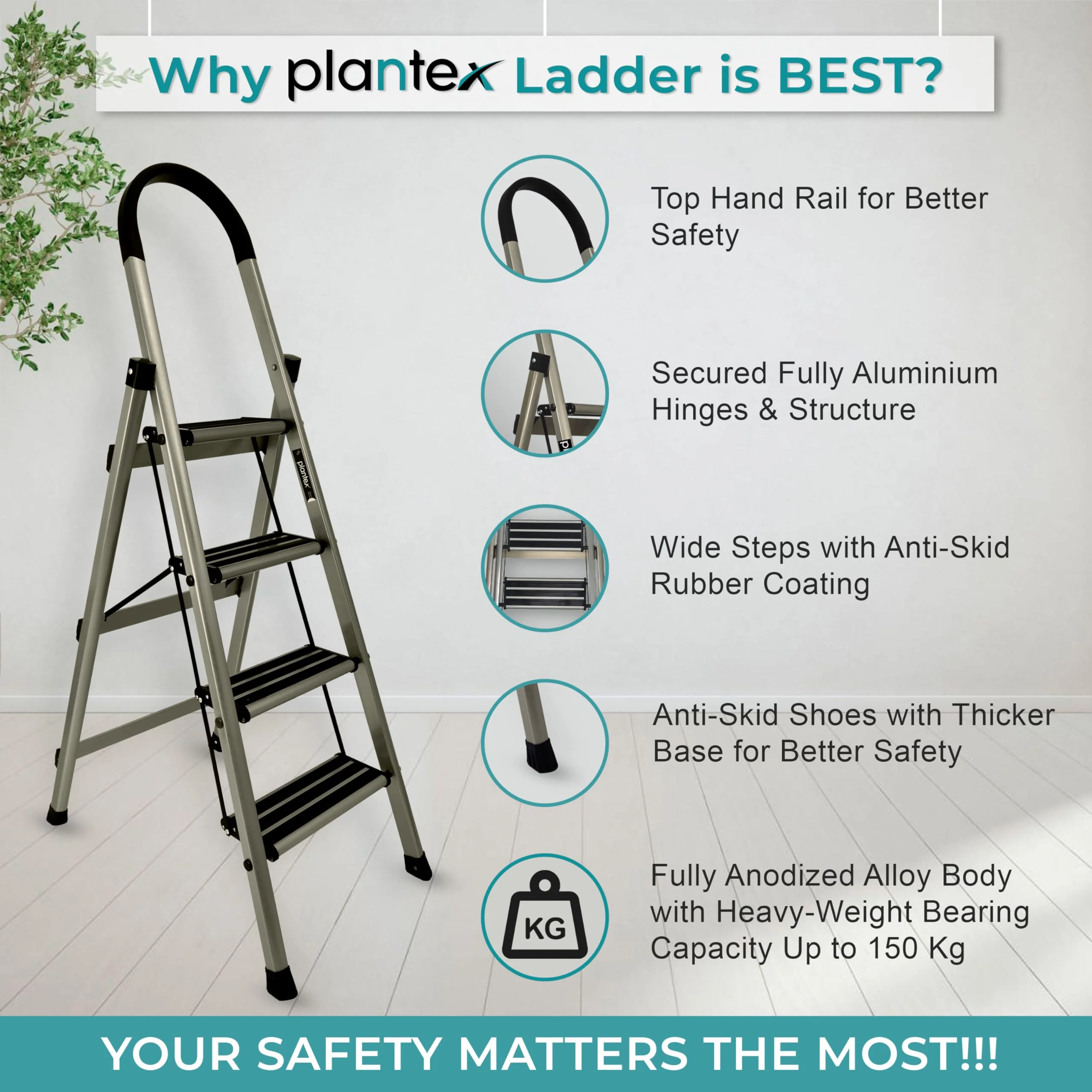 Plantex Guardex 4 Step Foldable Aluminum Ladder for Home/Ladder with Anti-Slip Shoes and Edge Guards/5 Year Manufacturer Warranty (Anodize Coated-Gold) - Image 2
