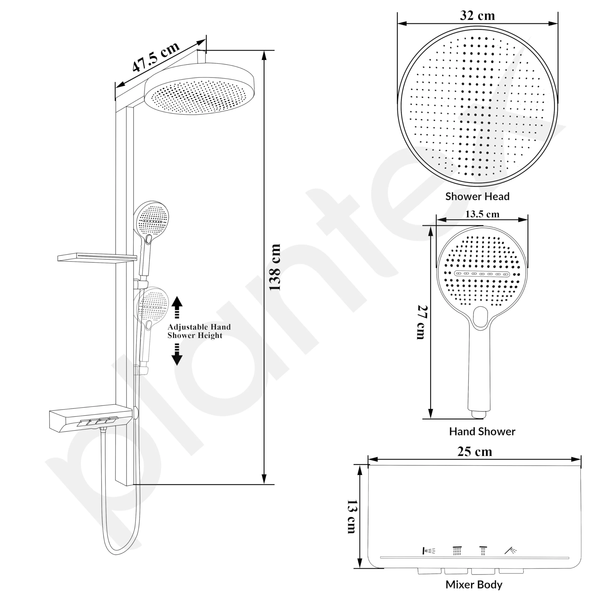 Plantex Haven Shower Panel for Bathroom with Piano Switches & Temperature Display/Rainfall Showerhead with Waterfall Outlet/Hand Shower with Hose Pipe & Clamp - (6013-GA) - Image 3