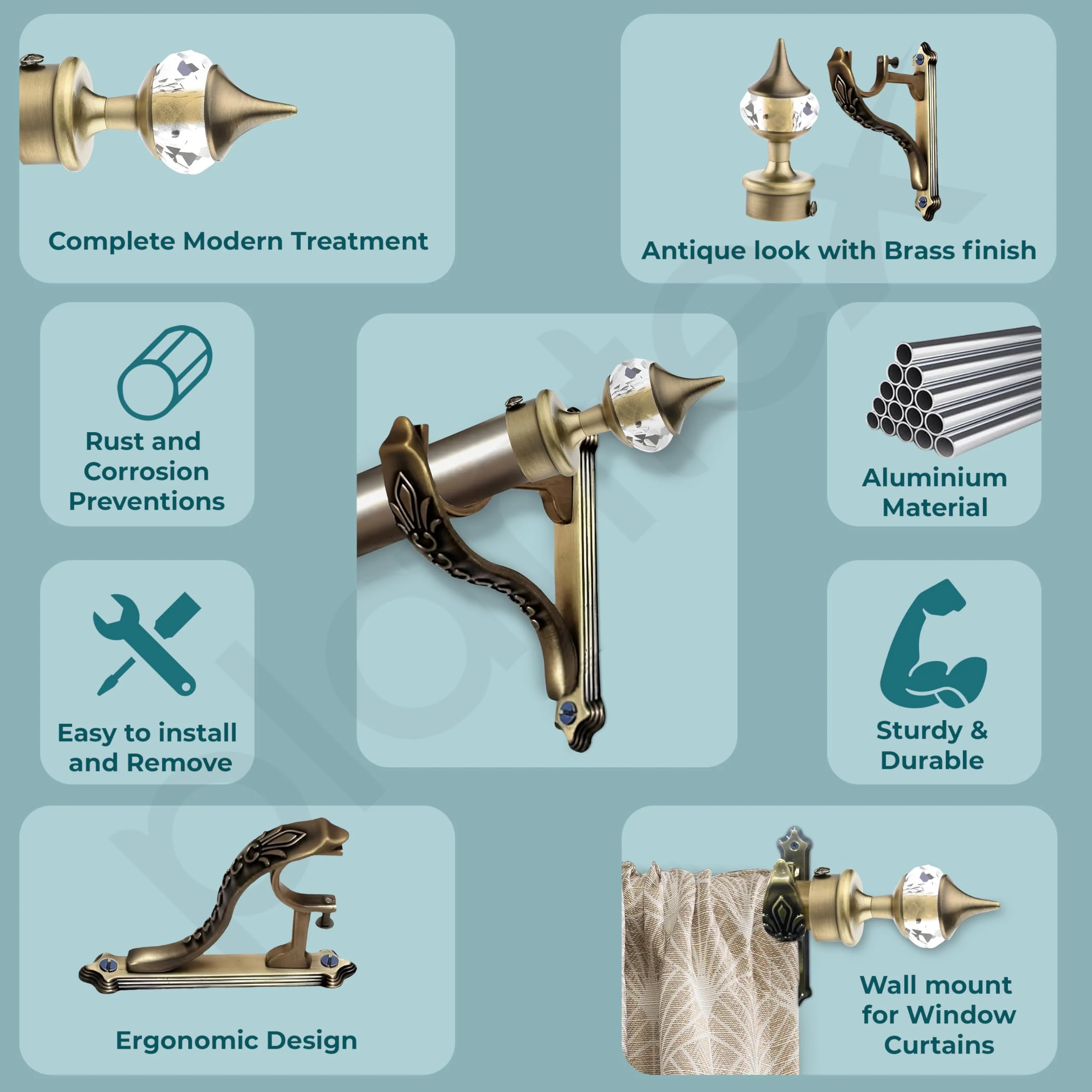 Plantex Heavy Duty Aluminium Diamond Curtain Holder/Curtain Brackets Parda Holder with Support 1 Inch Rod/Curtain Rod Holder (Brass Antique - 2 Pair) - Image 4