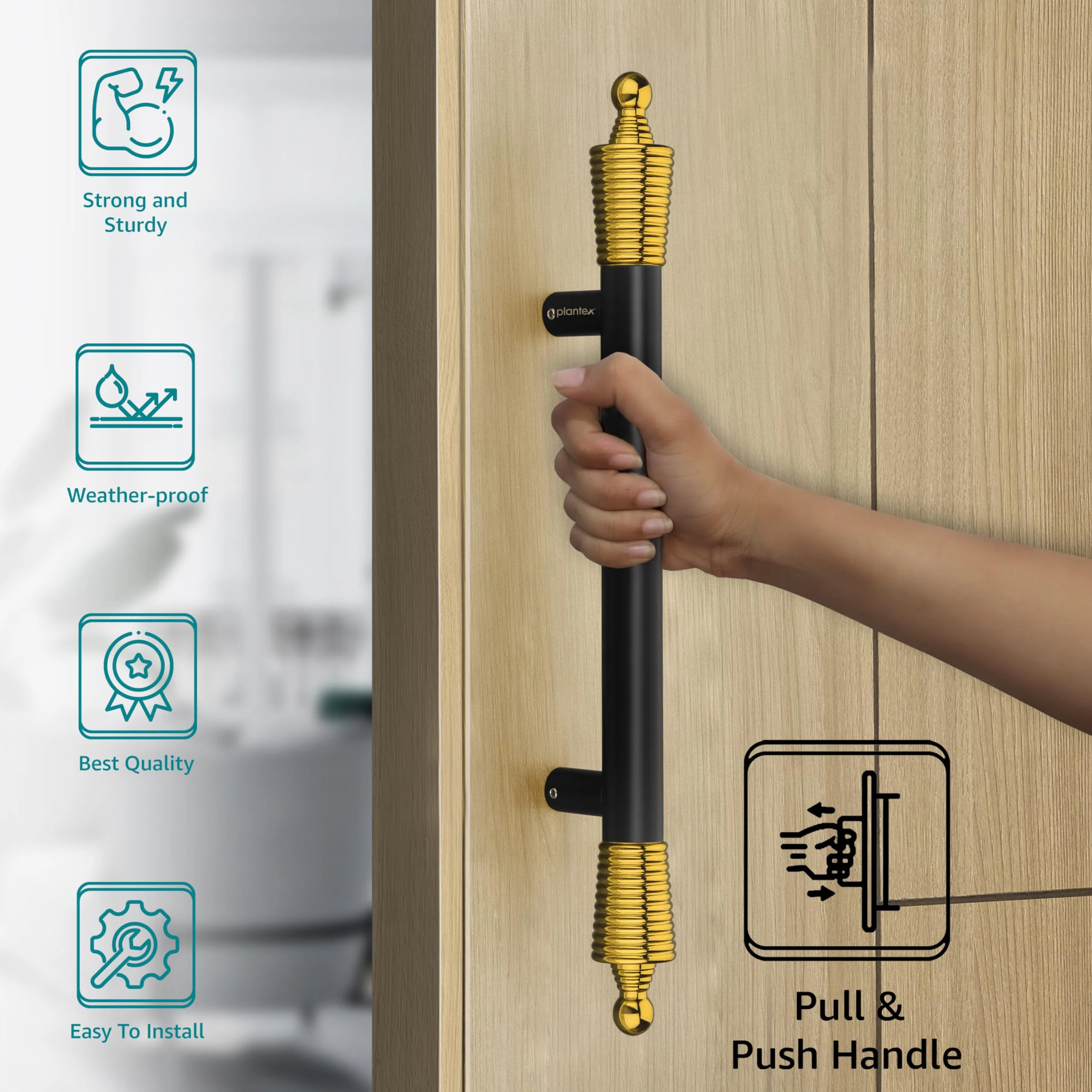 Plantex Heavy Duty Door Handle for Main Door/14-inches Main Door Handle/Pull Push Door Handle for Wooden & Glass Door - Pack of 1 (Black and Gold) - 3 Years Warranty - Image 3