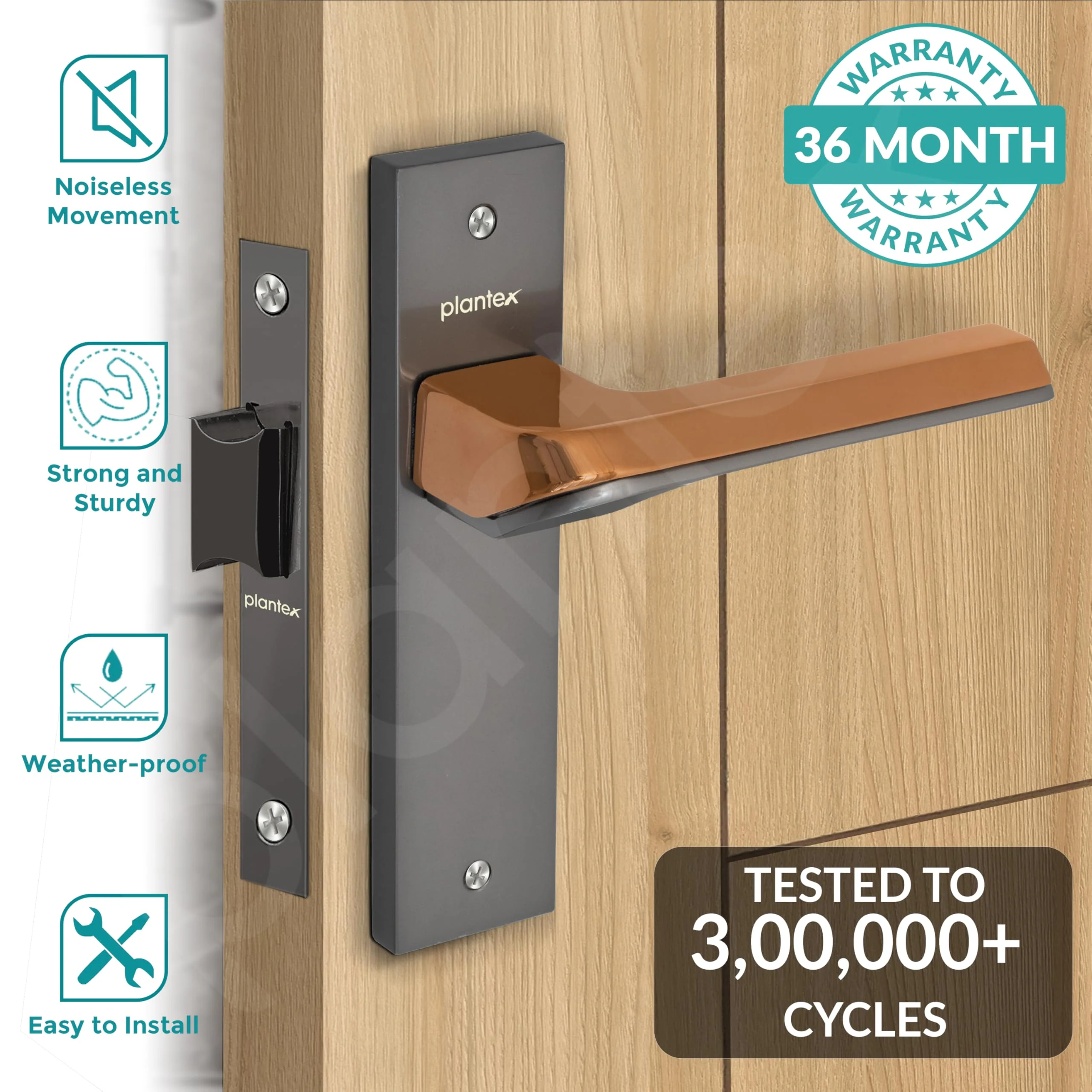 Plantex Heavy Duty Door Lock – Bathroom Door Lock/Mortise 8inch Keyless Plate Handle Set for Home/Bathroom/Store Room/Balcony/Office with Baby Latch (8113, Satin Black & PVD Choco) - Image 2