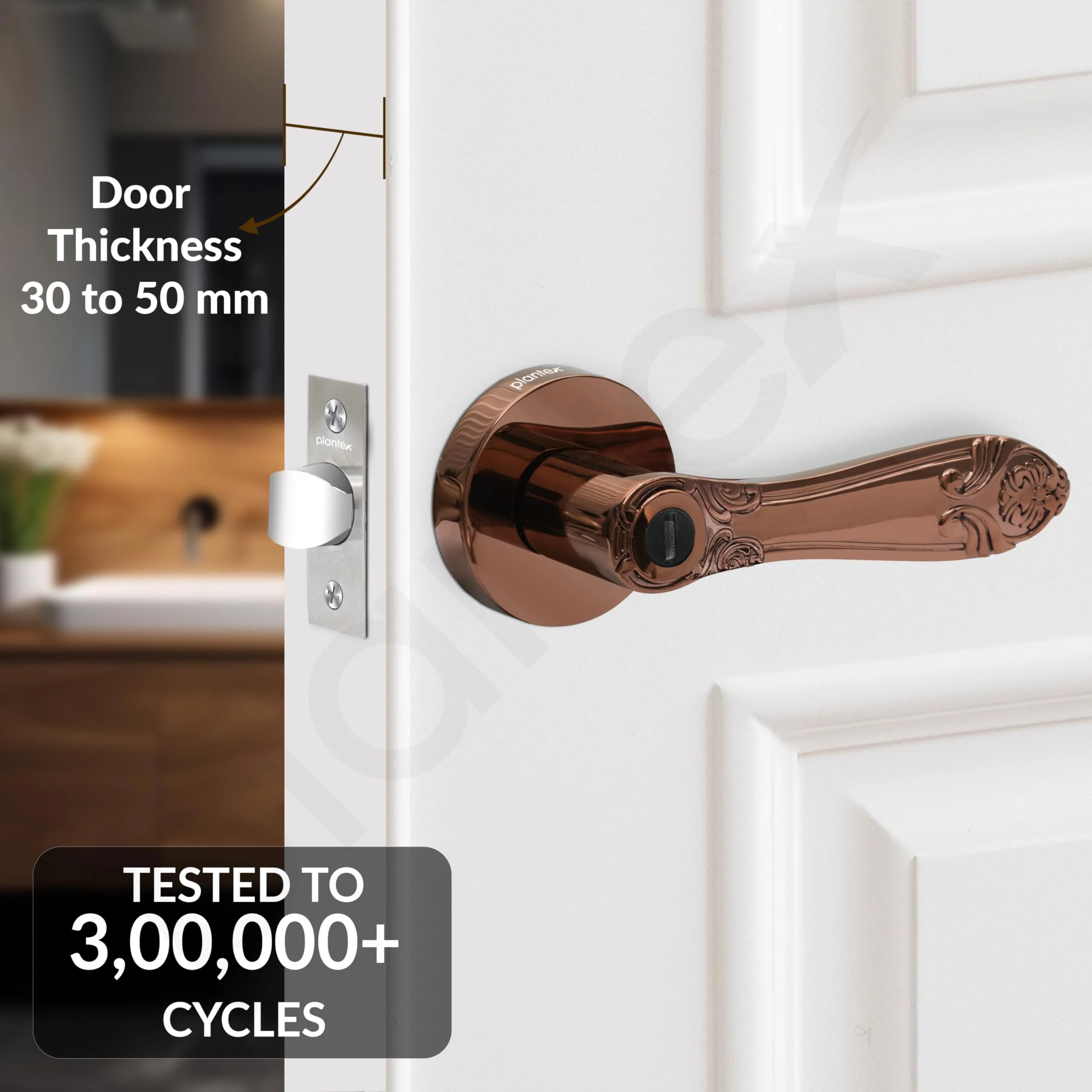 Plantex Heavy-Duty Door Lock - Bathroom Door Lock/Mortise Keyless Handle Set for Home/Bathroom/Balcony/Store Room - (DTM-628, PVD Rose Gold) - Image 2