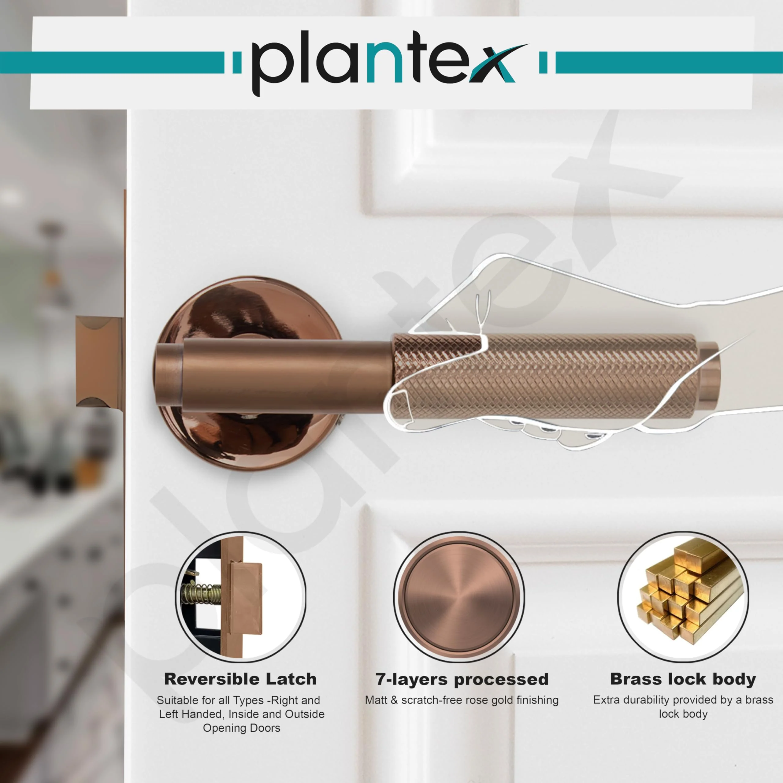 Plantex Heavy Duty Door Lock – Bathroom Door Lock/Mortise Keyless Handle Set for Home/Bathroom/Store Room/Balcony/Office with Baby Latch (603 - PVD Rose Gold) - Image 4