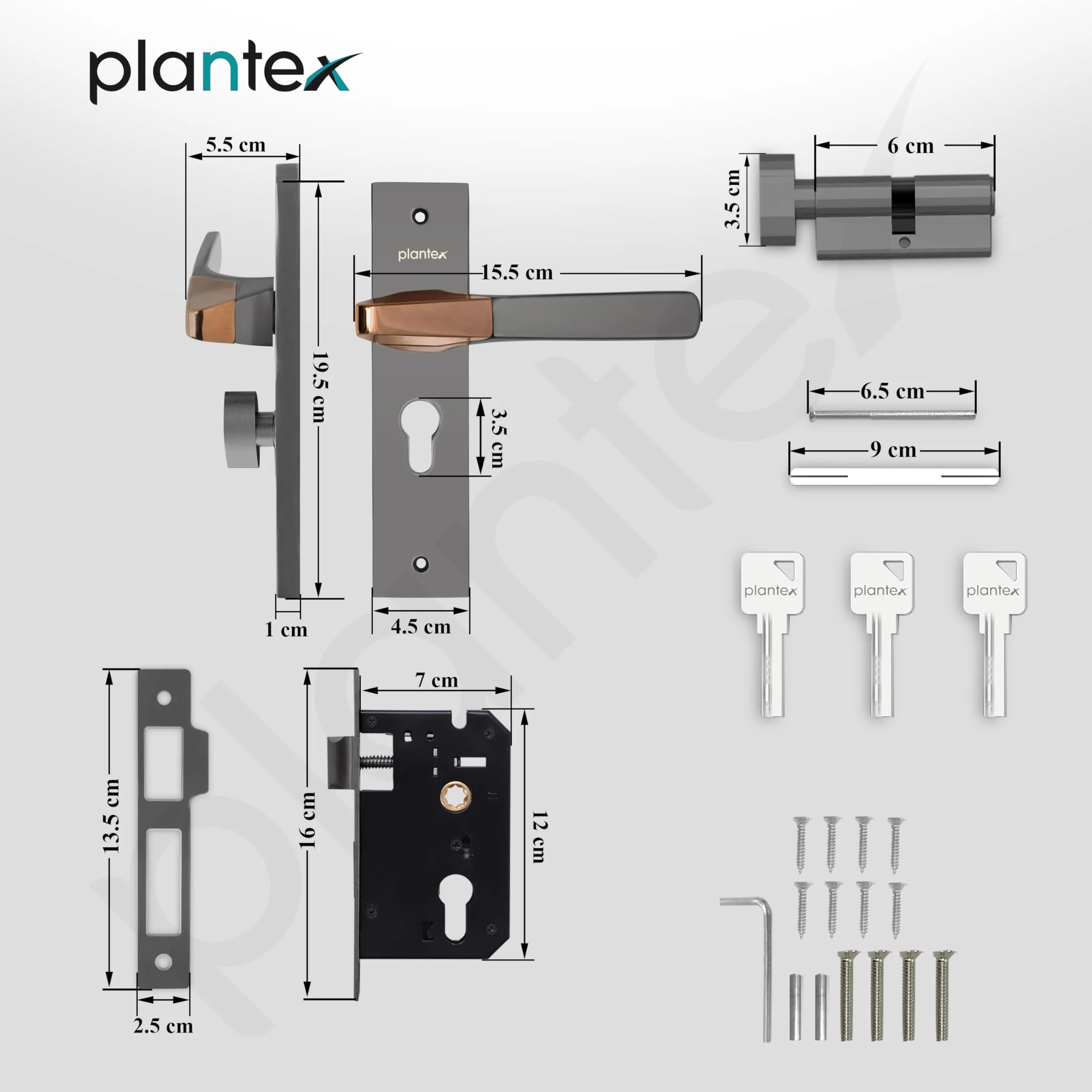 Plantex Heavy-Duty Door Lock Set - Main Door Handle Set/ 6-Lever Lock Mechanism with 3 Years of Warranty by Plantex/Mortise, Brass Lock Body & Cylinder (8114 - Satin Black & PVD Choco) - Image 3