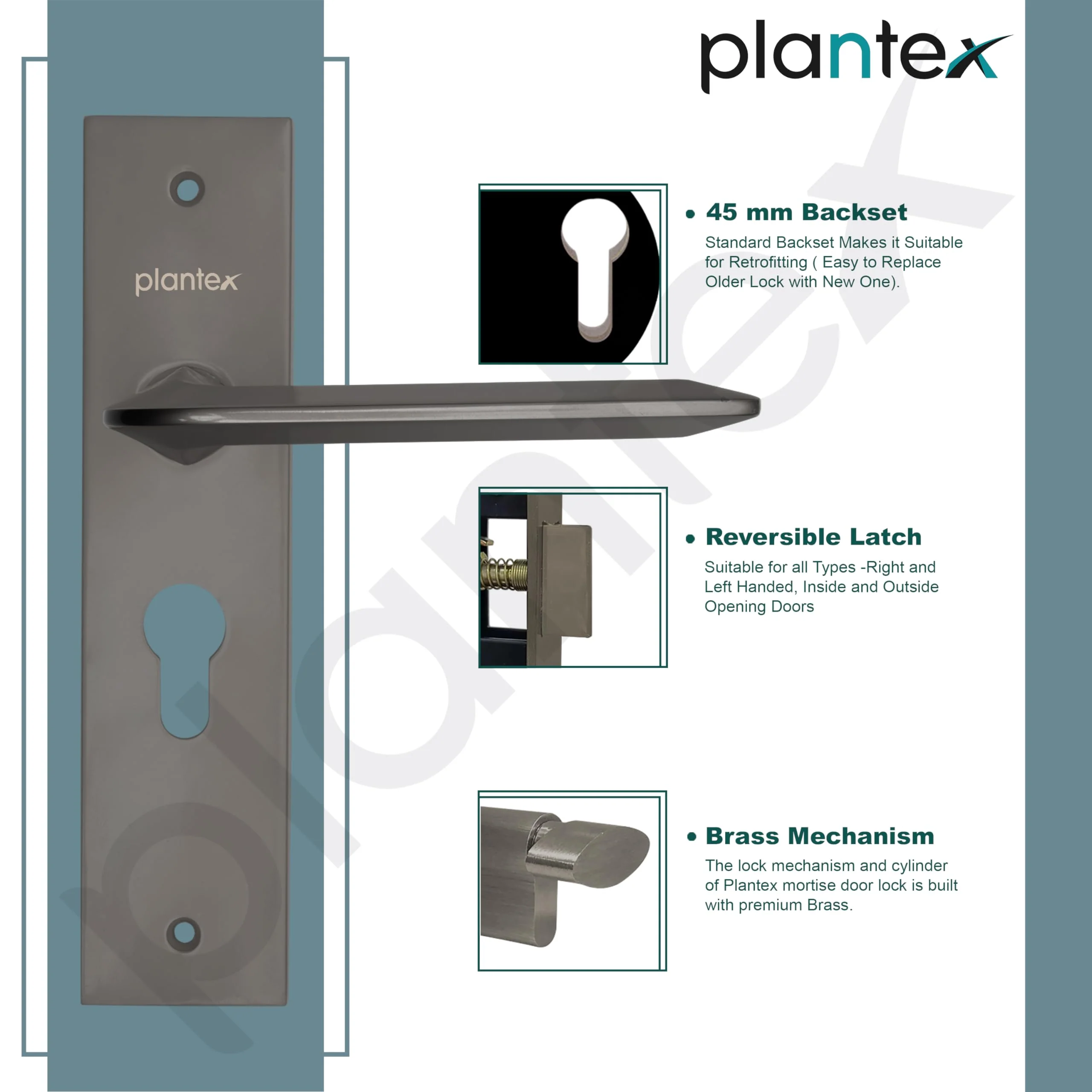 Plantex Heavy-Duty Door Lock Set - Main Door Lock Handle Set/ 6-Lever Lock Mechanism with 3 Year of Warranty/Mortise Lock with 3 Keys, Brass Lockbody & Cylinder(8105 -Satin Black) - Image 4