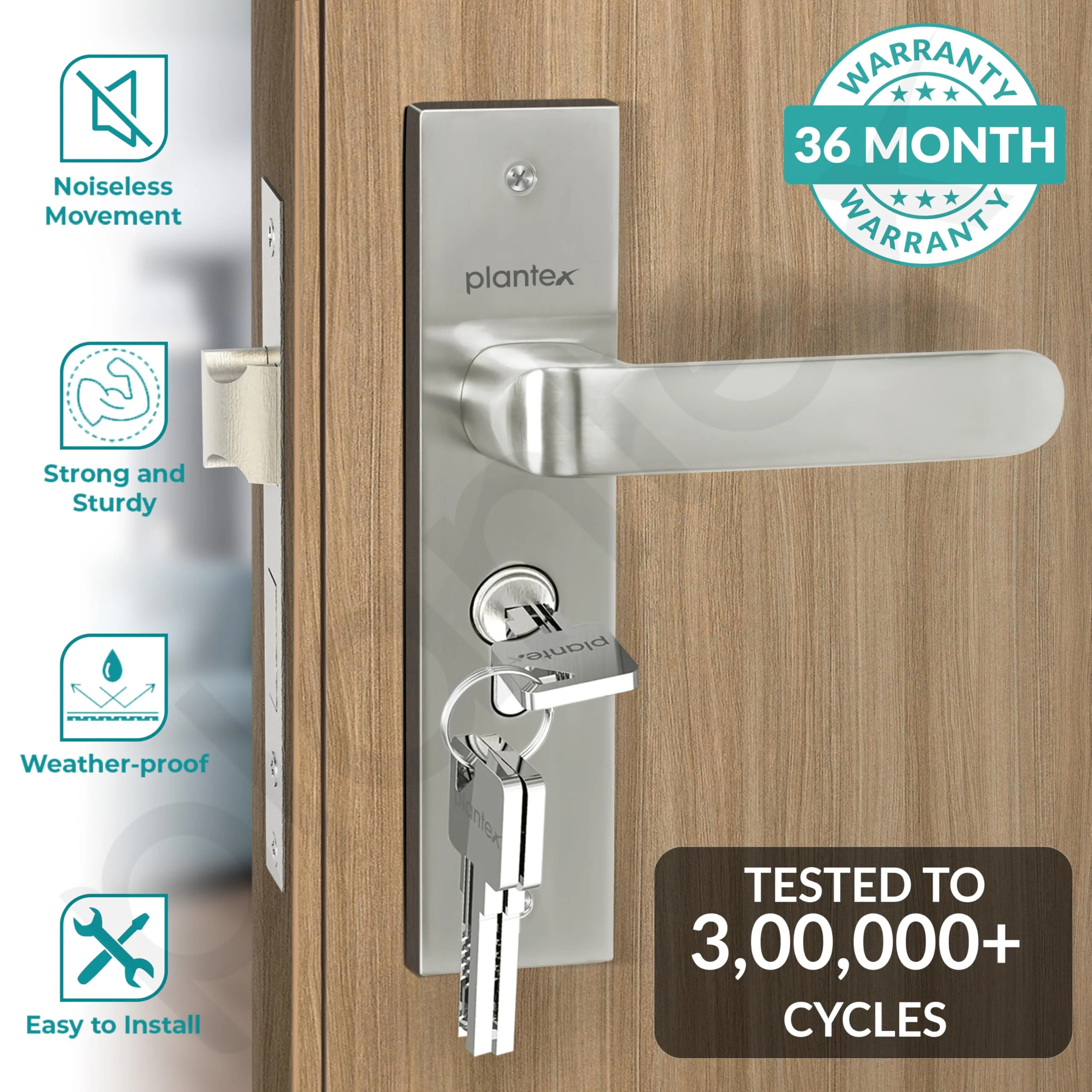 Plantex Heavy-Duty Door Lock Set - Main Door Lock Handle Set/ 6-Lever Lock Mechanism with 3 Years of Warranty/Mortise Lock with 3 Keys, Brass Lockbody & Cylinder(8110 - Matt) - Image 2
