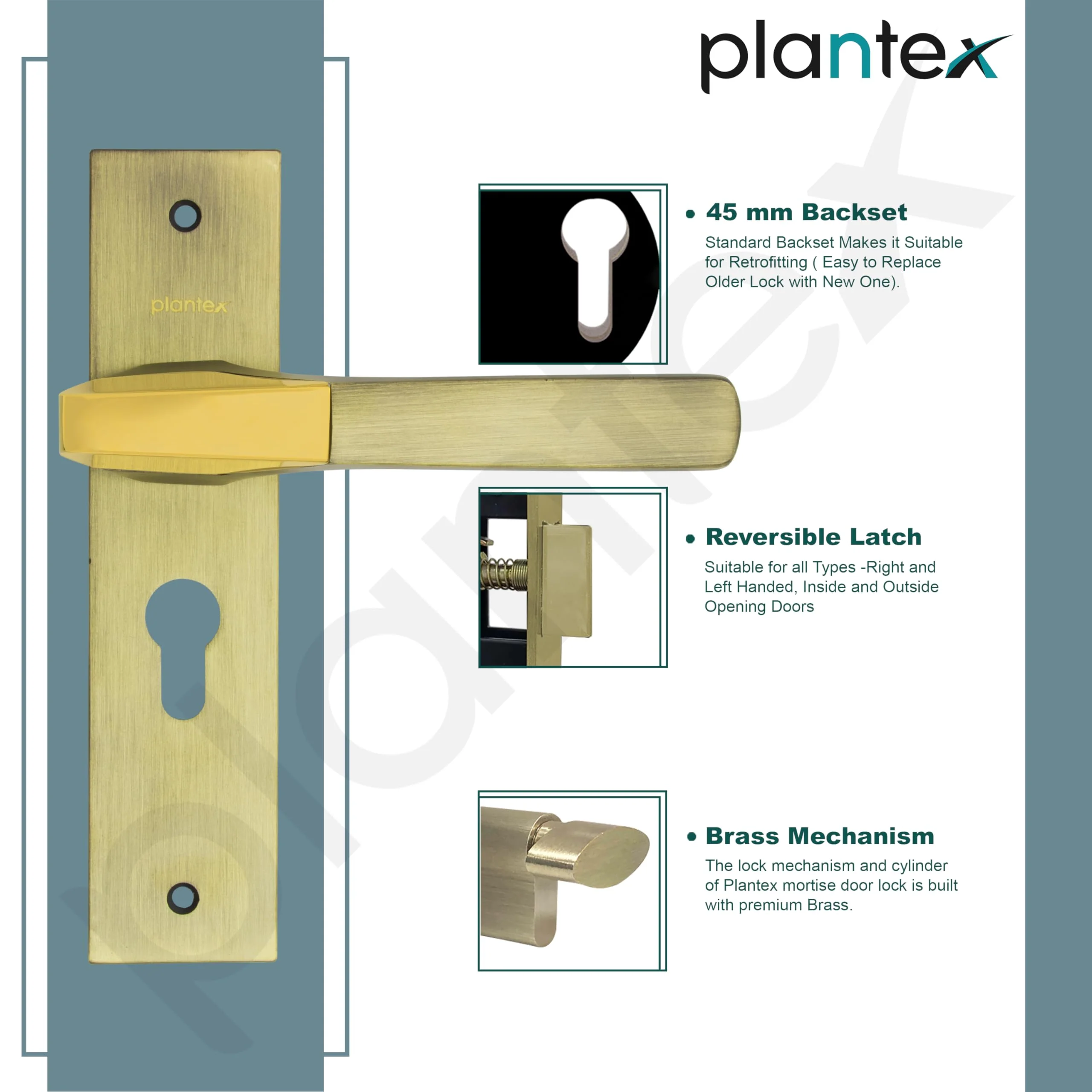 Plantex Heavy-Duty Door Lock Set - Main Door Lock Handle Set/ 6-Lever Lock Mechanism with 3 Years of Warranty/Mortise Lock with 3 Keys, Brass Lockbody & Cylinder(8114 - Brass Antique & PVD Gold) - Image 4