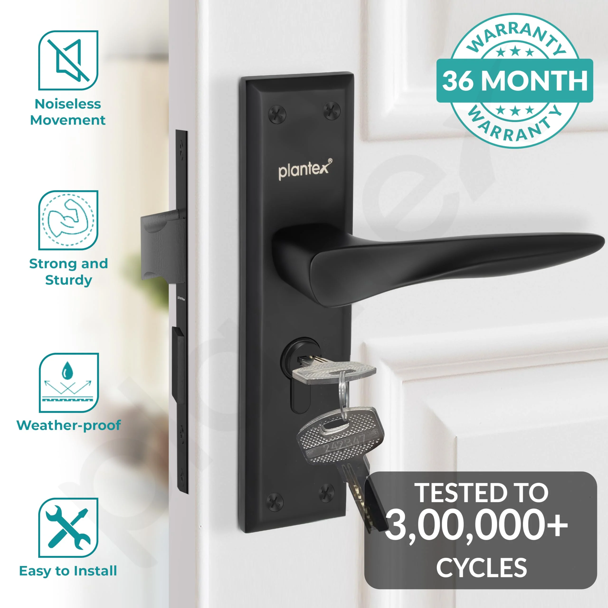 Plantex Heavy-Duty Door Lock Set - Main Door Lock Handle Set/ 6-Lever Lock Mechanism with 3 Years of Warranty/Mortise Lock with 3 Keys, Brass Lockbody & Cylinder(Black) - Image 2
