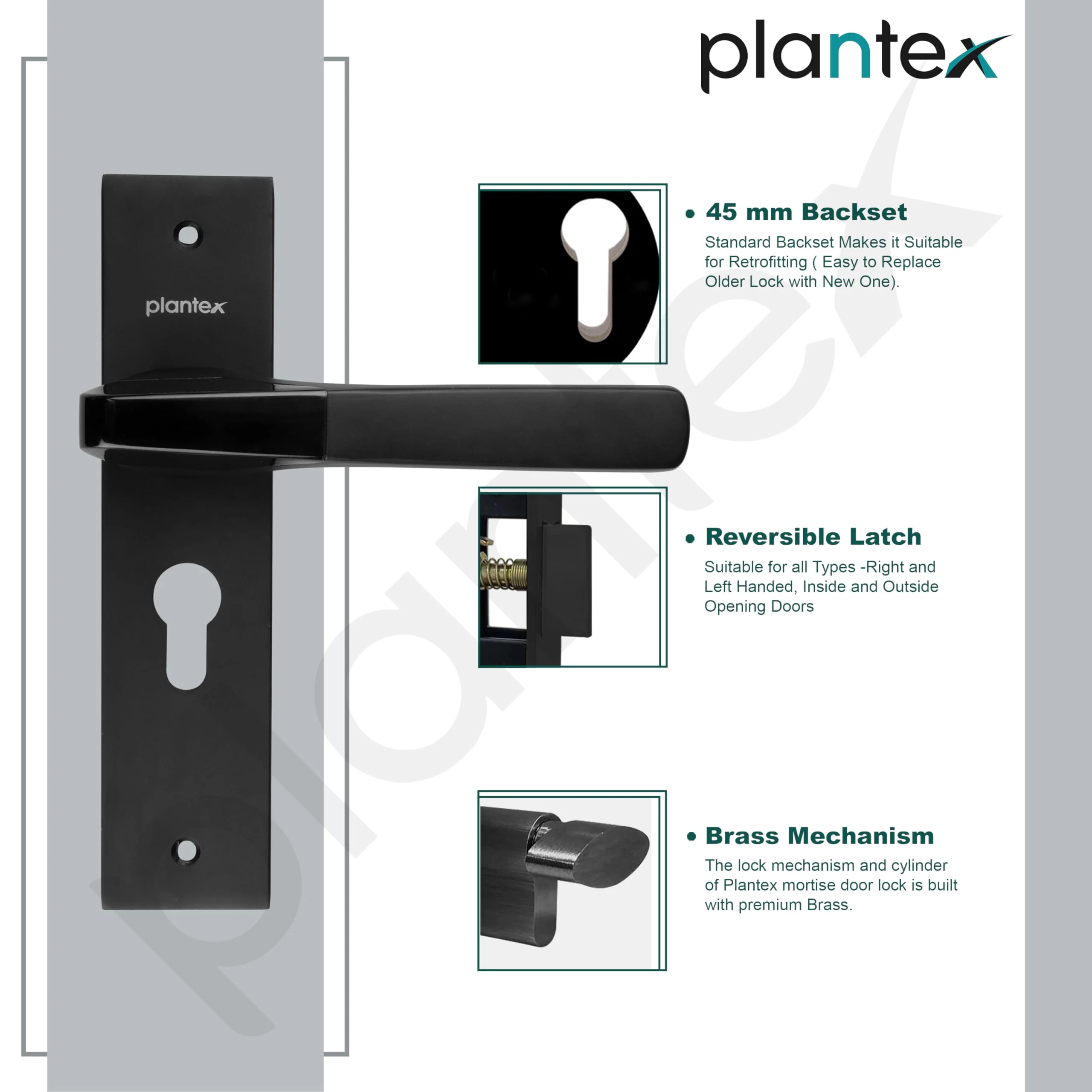Plantex Heavy-Duty Door Lock Set - Main Door Lock Handle Set/Mortise Lock with 3 Keys, Brass Lock Body & Cylinder (8114 - Z Black & DC Black) - Image 6