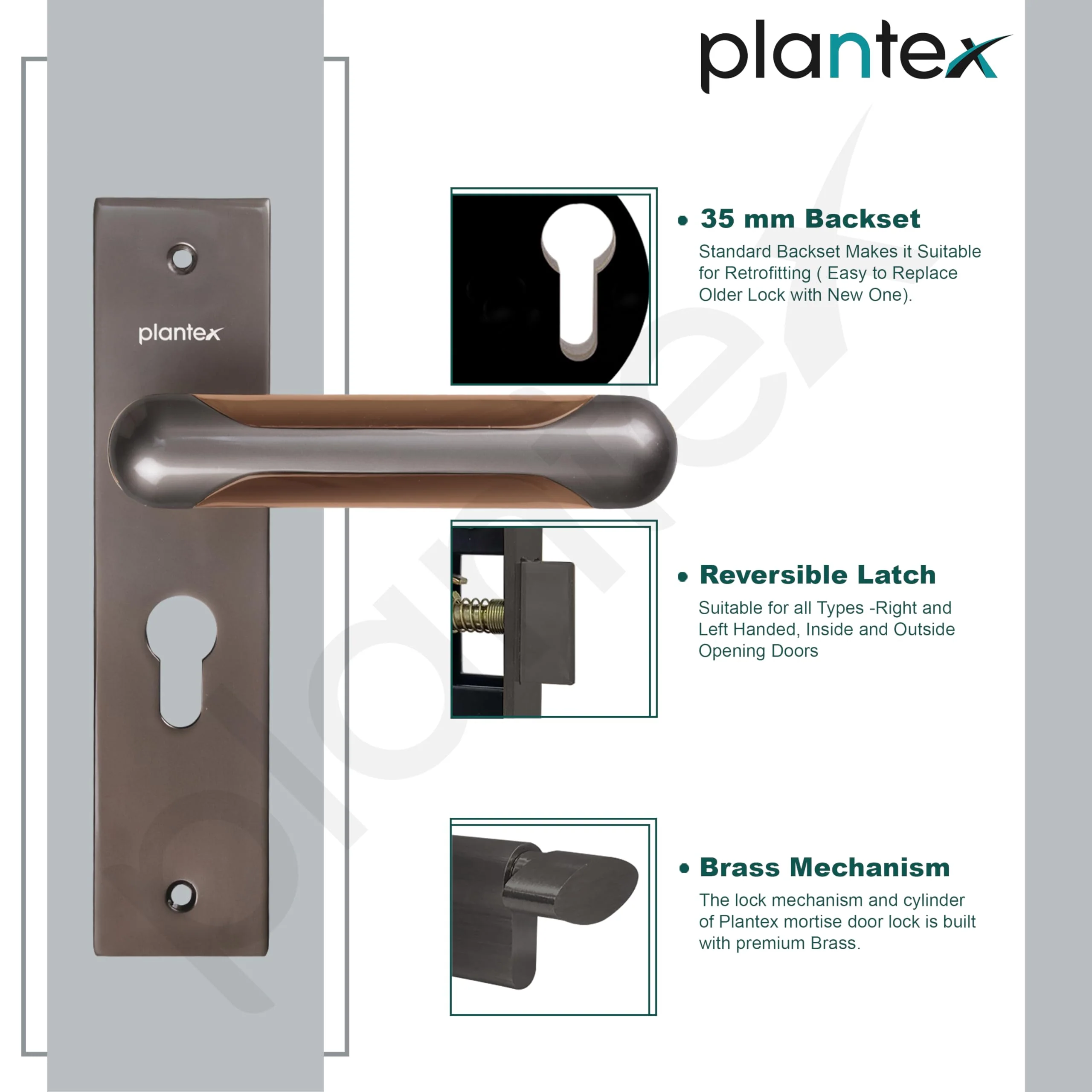 Plantex Heavy-Duty Door Lock Set - Main Door Lock Handle Set/Mortise Lock with 3 Keys, Brass Lock Body & Cylinder (8124 - Satin Black & PVD Choco) - Image 6