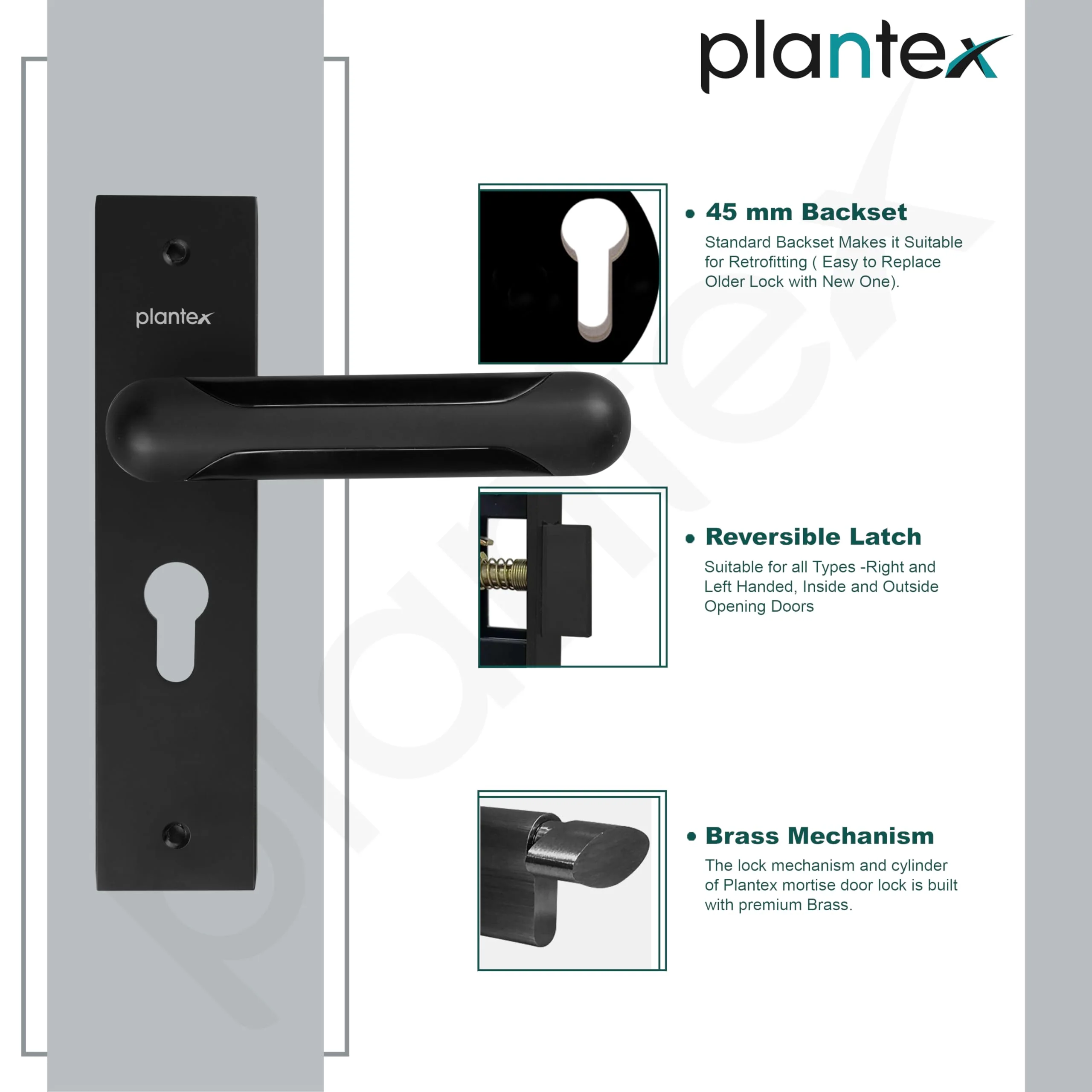 Plantex Heavy-Duty Door Lock Set - Main Door Lock Handle Set/Mortise Lock with 3 Keys, Brass Lock Body & Cylinder (8124 - Z Black & DC Black) - Image 6