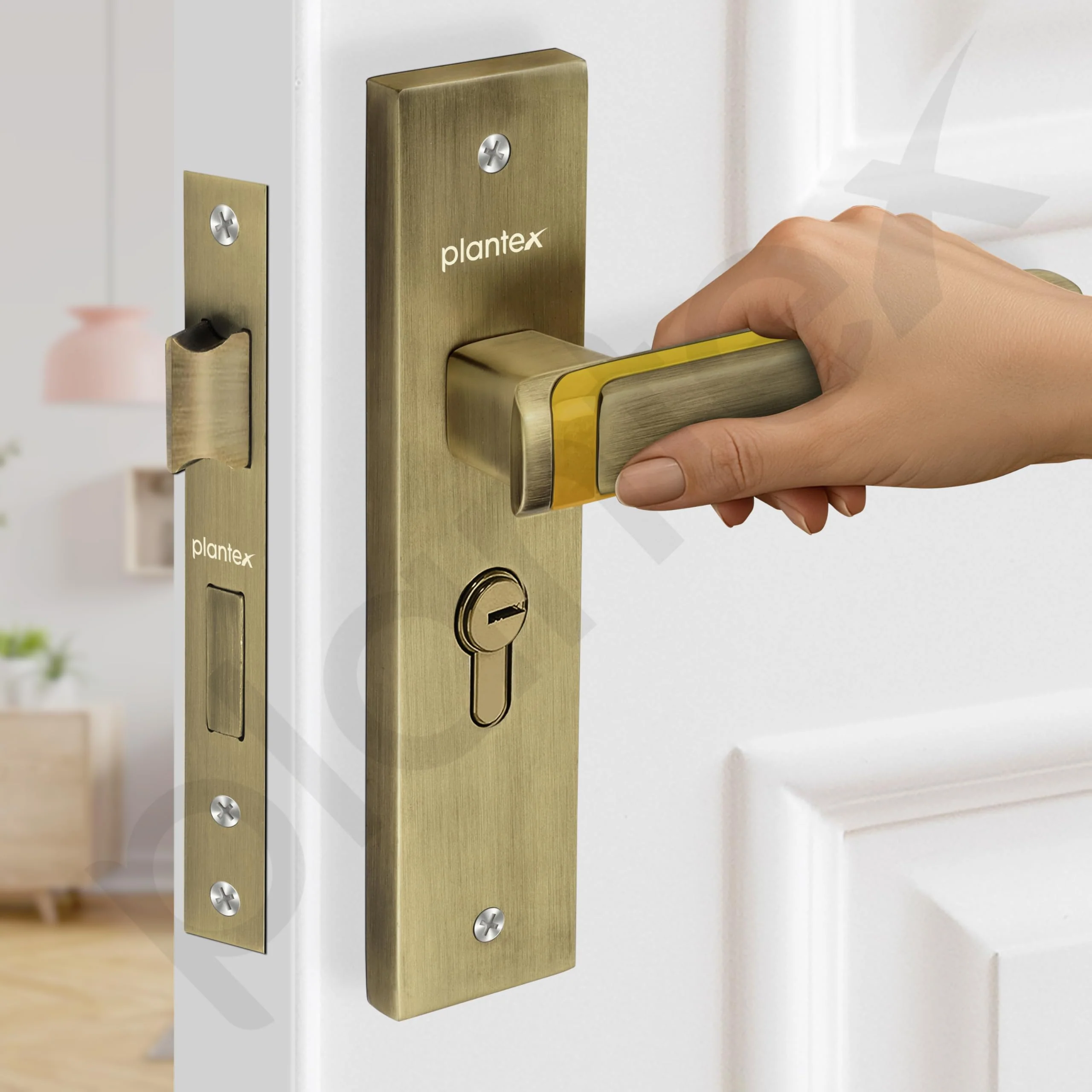 Plantex Heavy-Duty Door Lock Set - Main Door Lock Handle Set/Mortise Lock with 3 Keys, Brass Lock Body & Cylinder (8127 - Brass Antique & PVD Gold) - Image 7