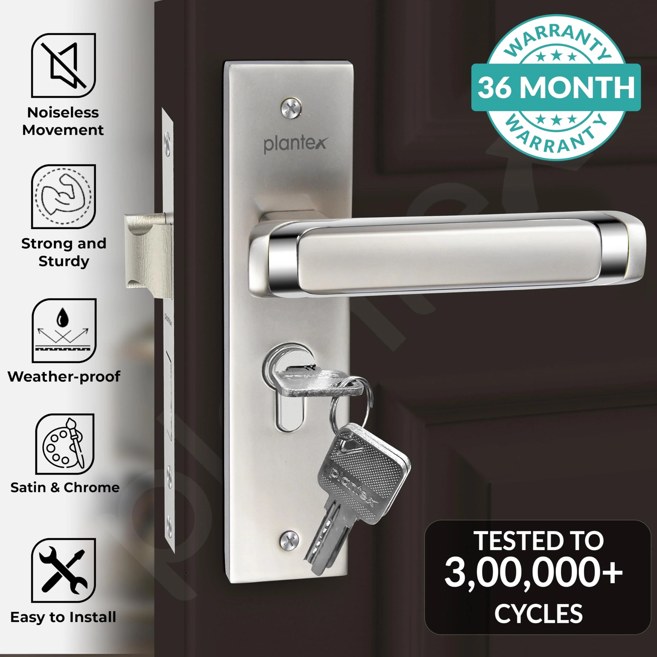 Plantex Heavy-Duty Door Lock Set - Main Door Lock Handle Set/Mortise Lock with 3 Keys, Brass Lock Body & Cylinder (8127 - Satin White & Chrome) - Image 2