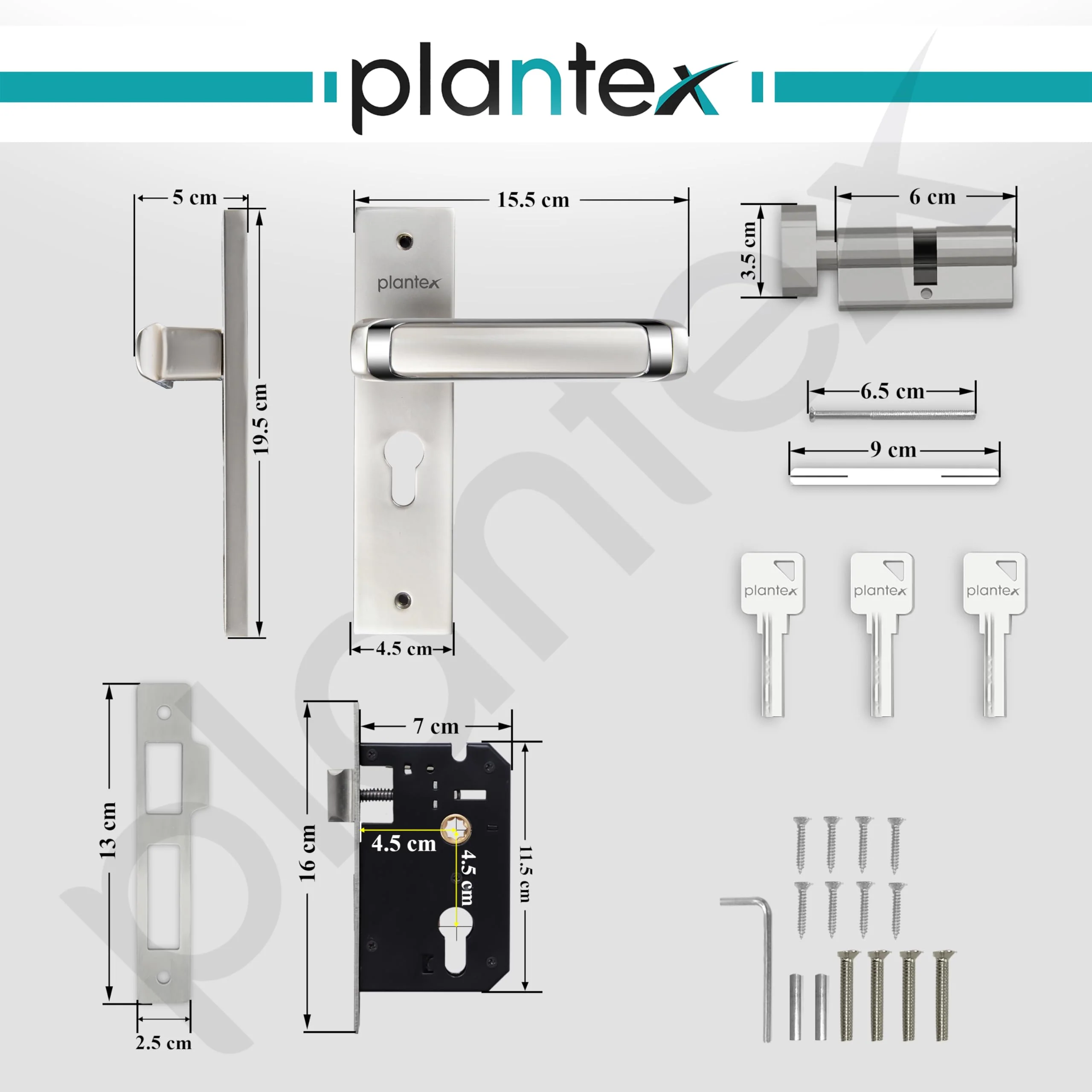 Plantex Heavy-Duty Door Lock Set - Main Door Lock Handle Set/Mortise Lock with 3 Keys, Brass Lock Body & Cylinder (8127 - Satin White & Chrome) - Image 3