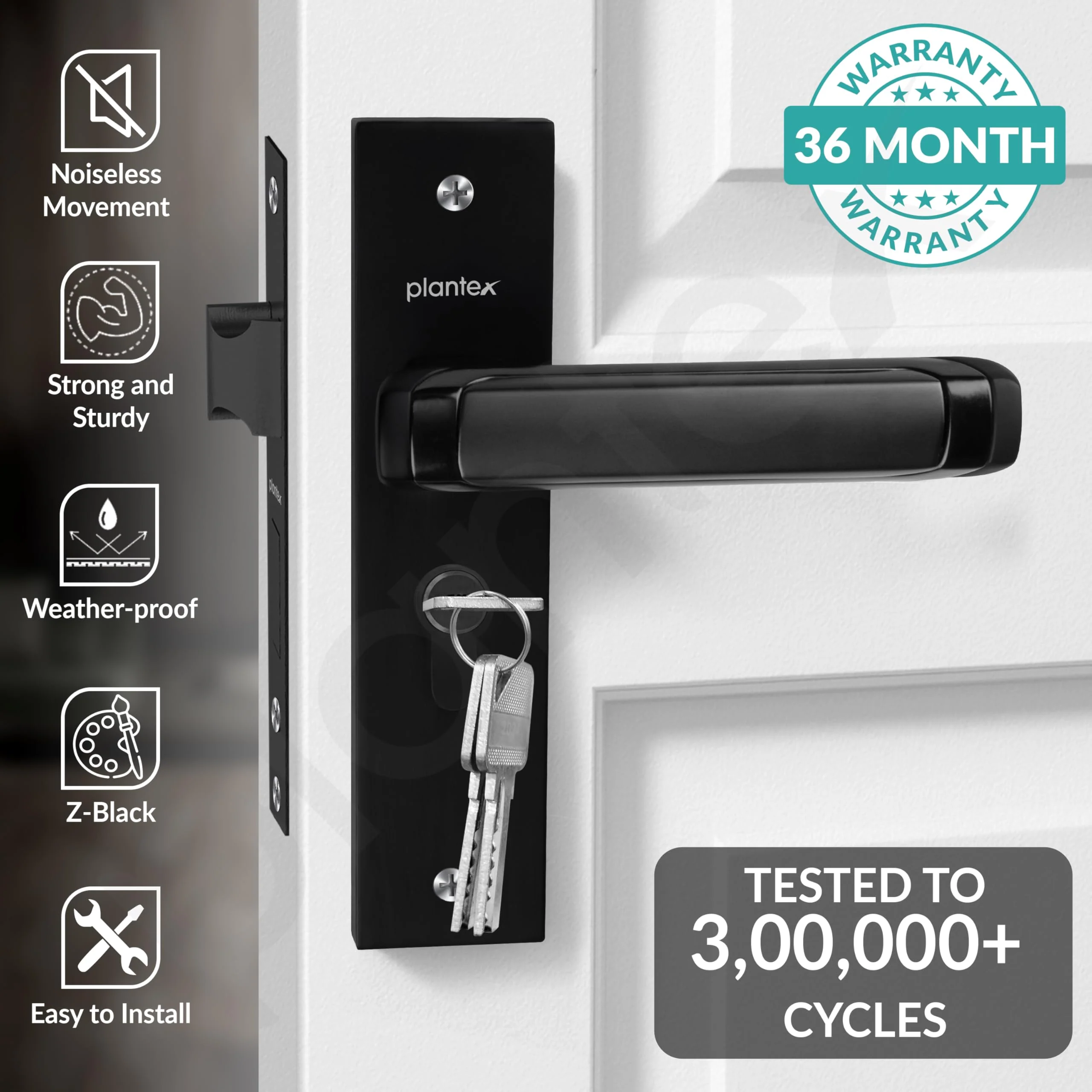 Plantex Heavy-Duty Door Lock Set - Main Door Lock Handle Set/Mortise Lock with 3 Keys, Brass Lock Body & Cylinder (8127 - Z Black & DC Black) - Image 2