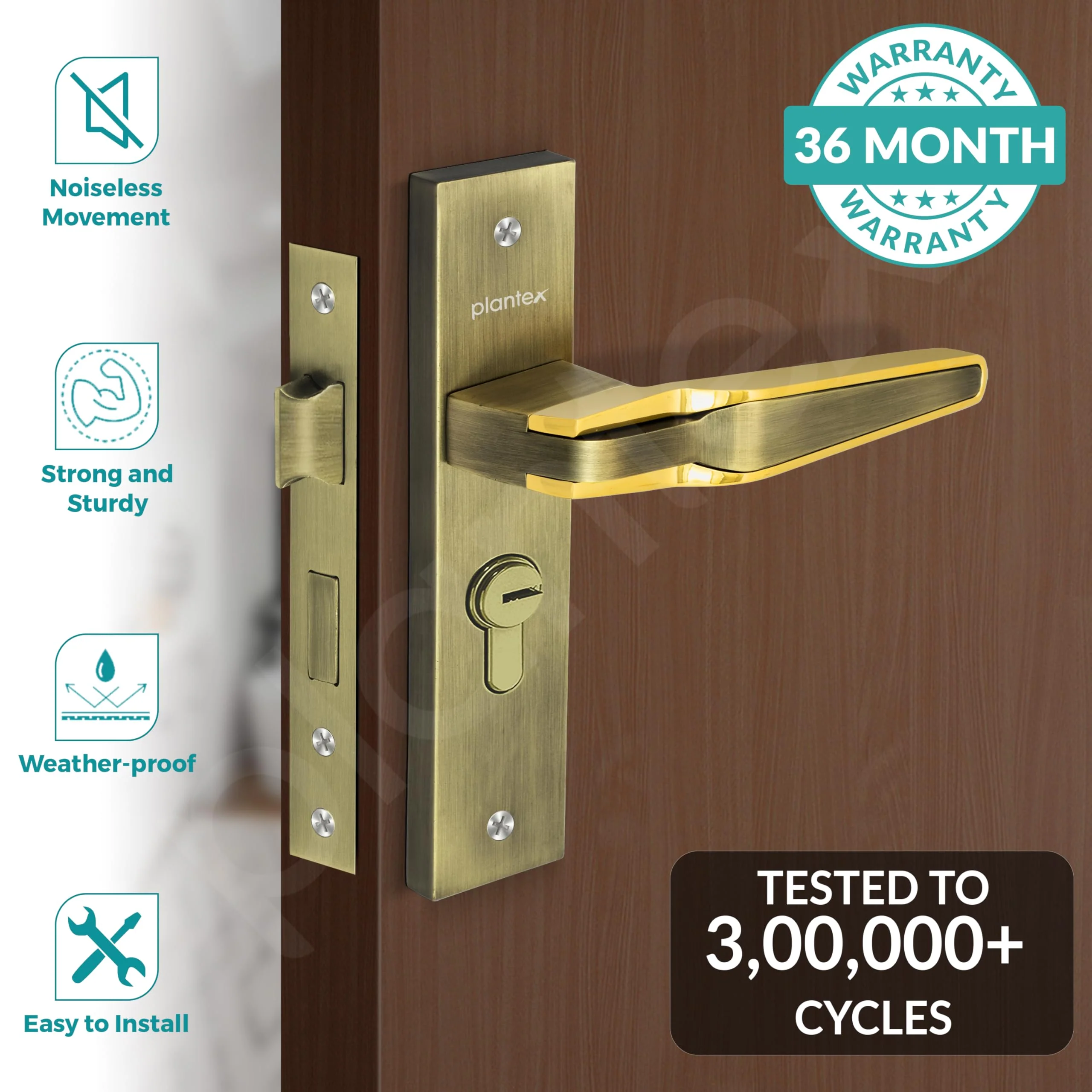Plantex Heavy-Duty Door Lock Set - Main Door Lock Handle Set/Mortise Lock with 3 Keys, Brass Lockbody & Cylinder (8064 - Brass Antique & PVD Gold) - Image 2