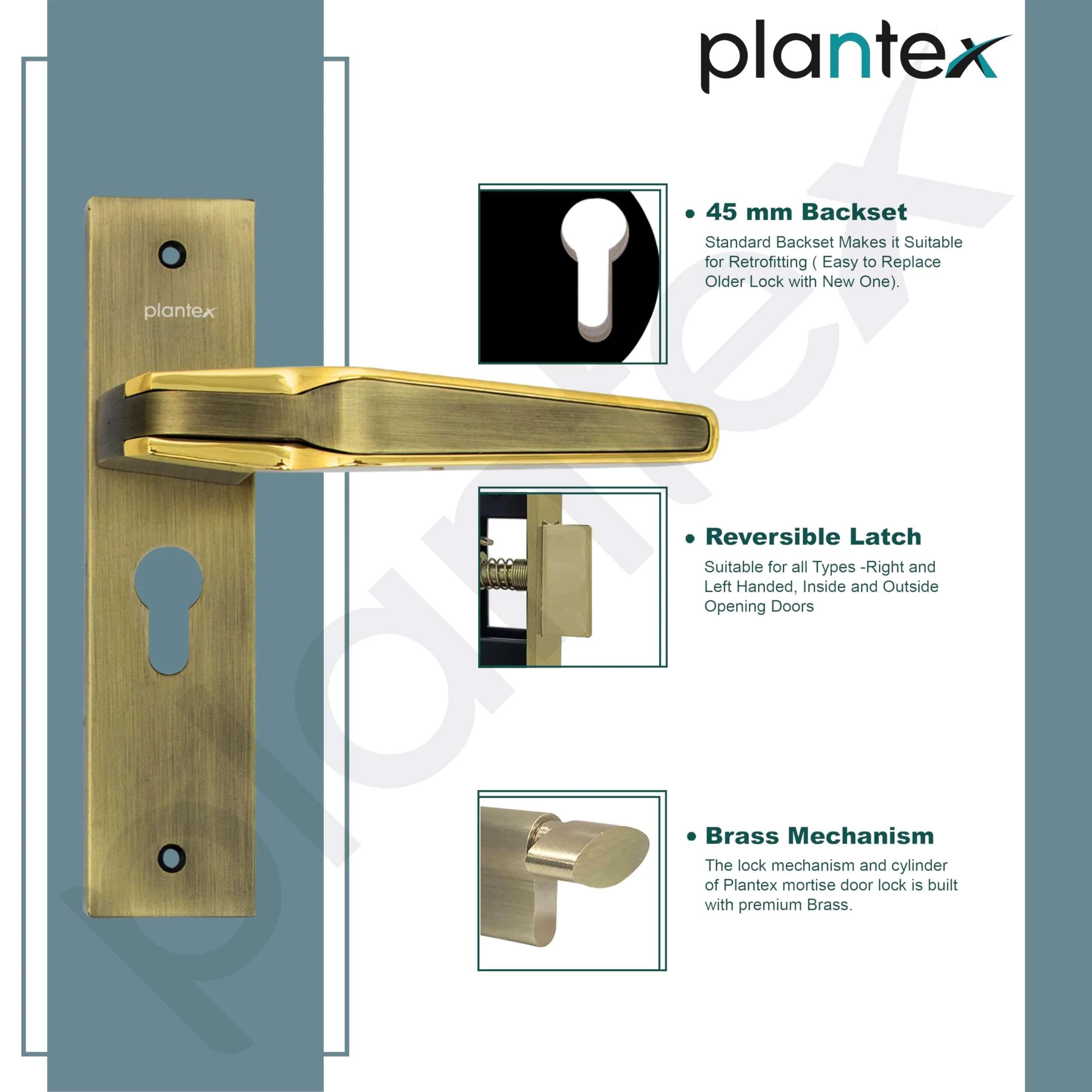Plantex Heavy-Duty Door Lock Set - Main Door Lock Handle Set/Mortise Lock with 3 Keys, Brass Lockbody & Cylinder (8064 - Brass Antique & PVD Gold) - Image 6
