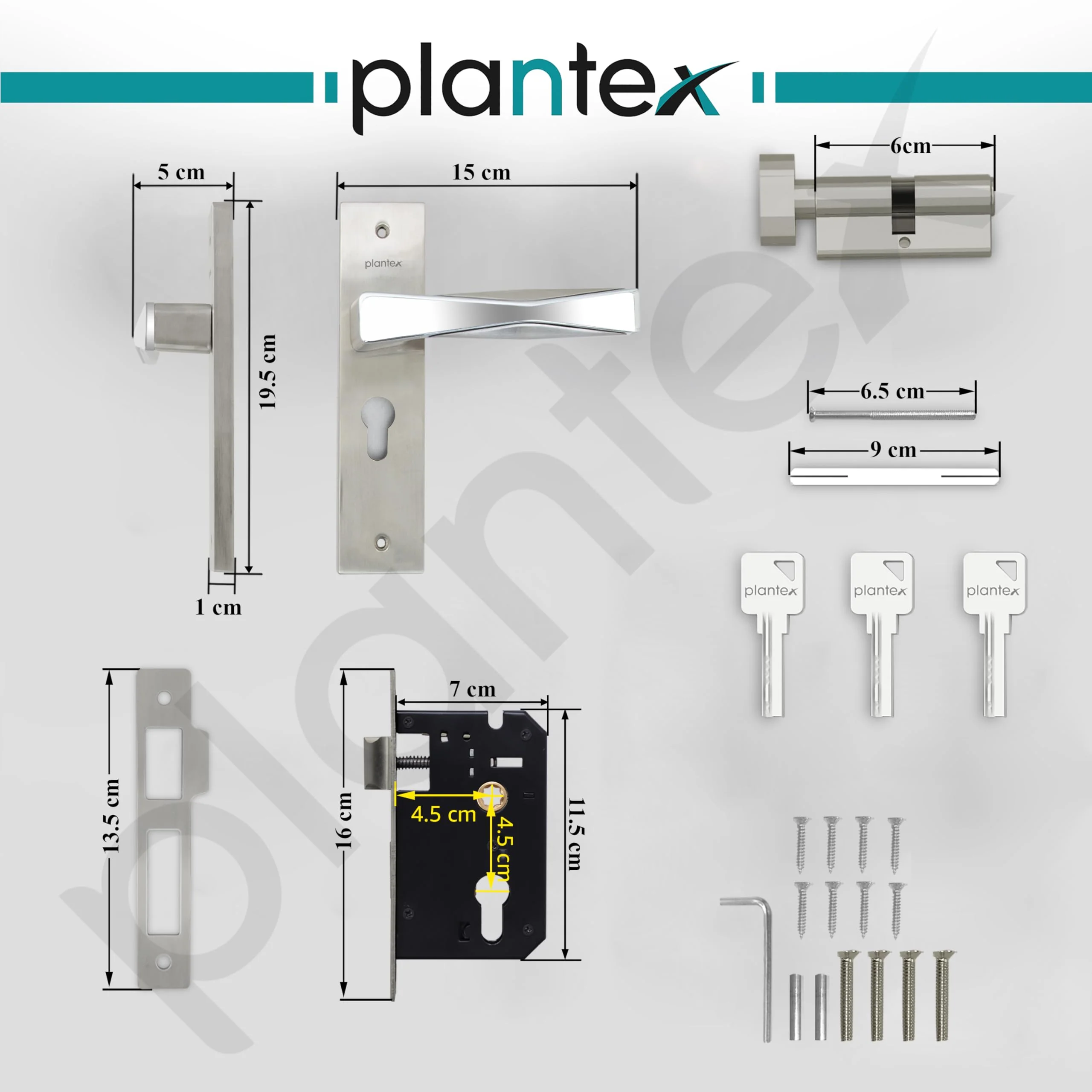 Plantex Heavy-Duty Door Lock Set - Main Door Lock Handle Set/Mortise Lock with 3 Keys, Brass Lockbody & Cylinder (8085 - Satin Steel & Chrome) - Image 4