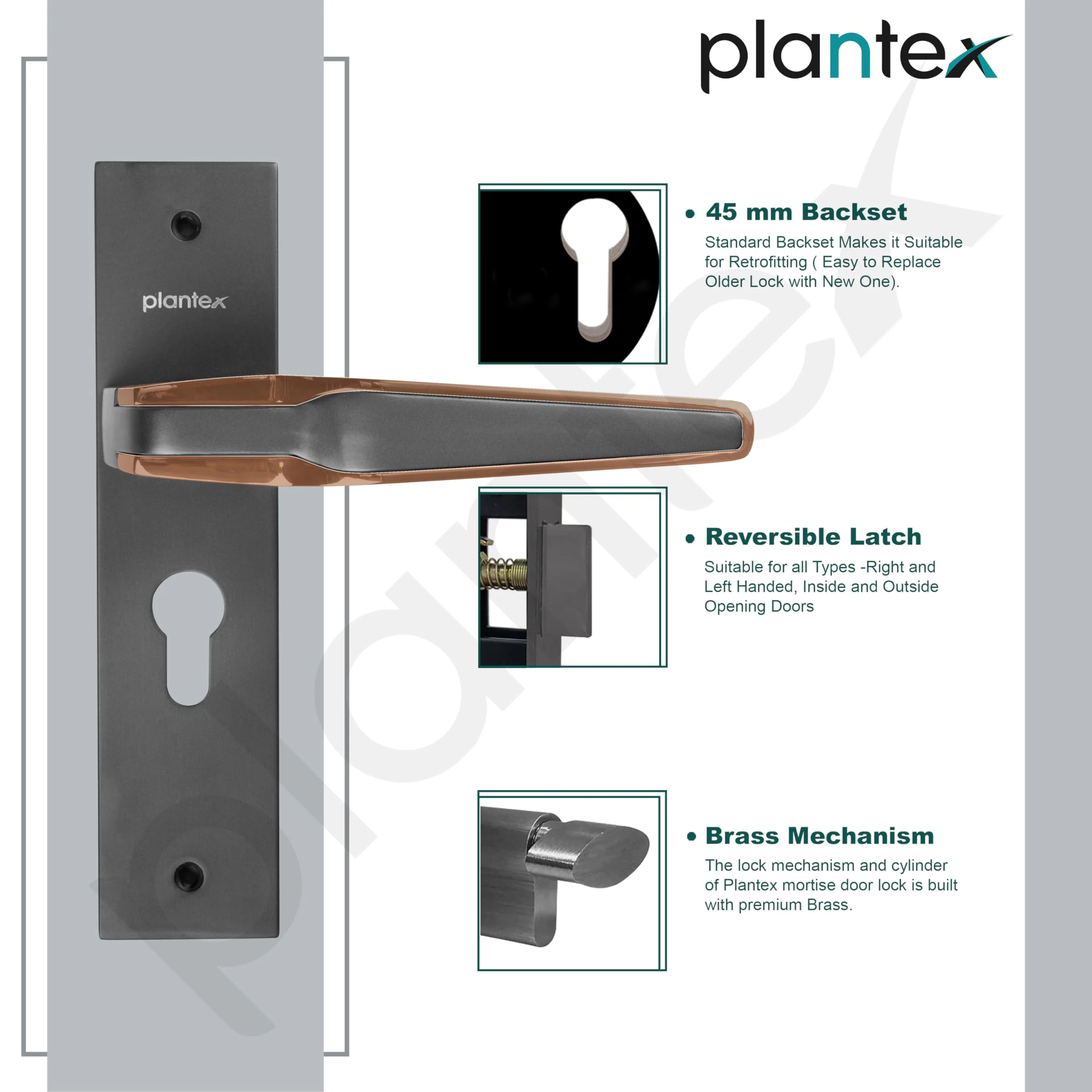Plantex Heavy Duty Door Lock Set - Main Door Lock Handle Set/Mortise Locks with 3 Keys, Brass Body & Cylinder (8064 - Grey & PVD Choco) - Image 6