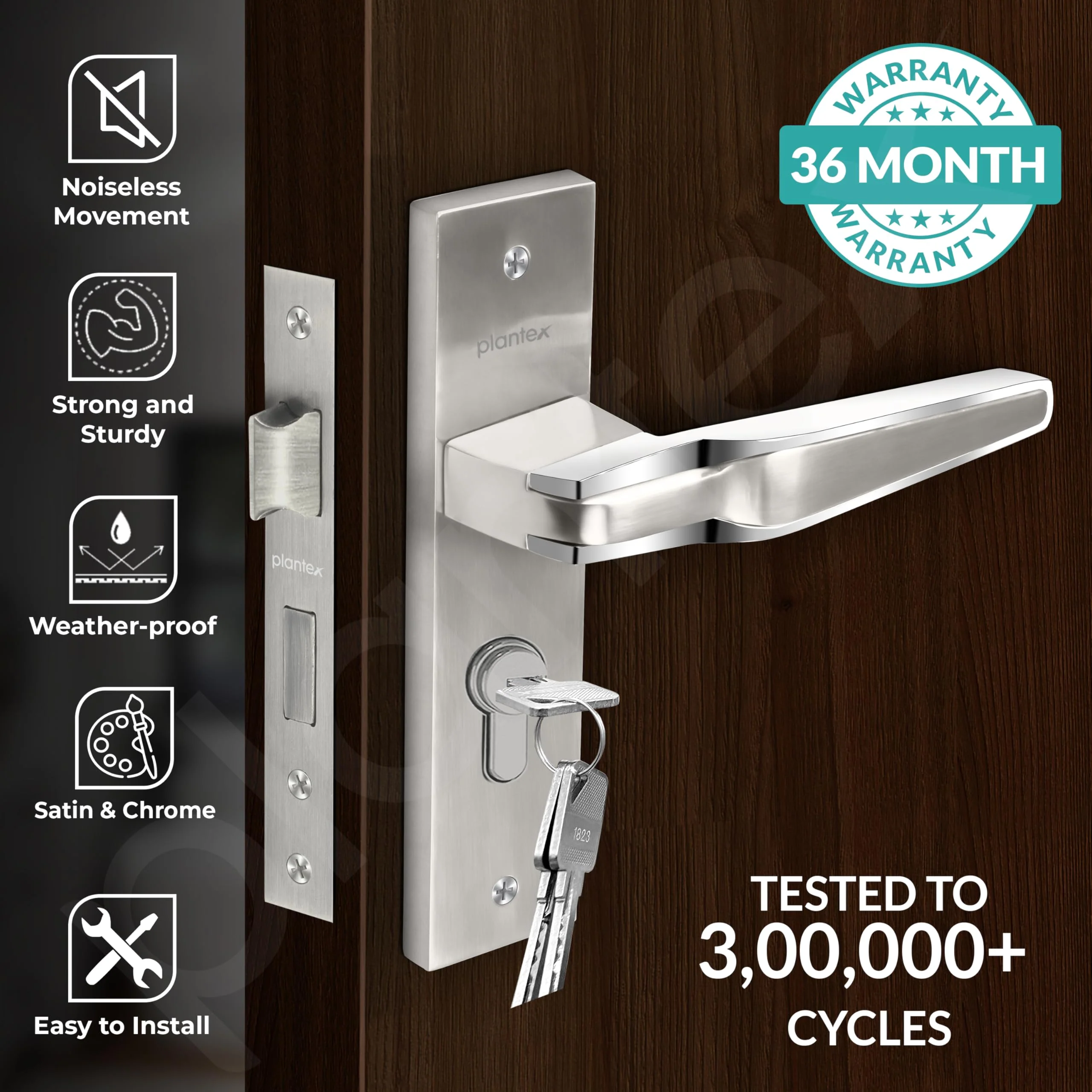 Plantex Heavy Duty Door Lock Set - Main Door Lock Handle Set/Mortise Locks with 3 Keys, Brass Body & Cylinder (8064 - Steel Satin & Chrome) - Image 2