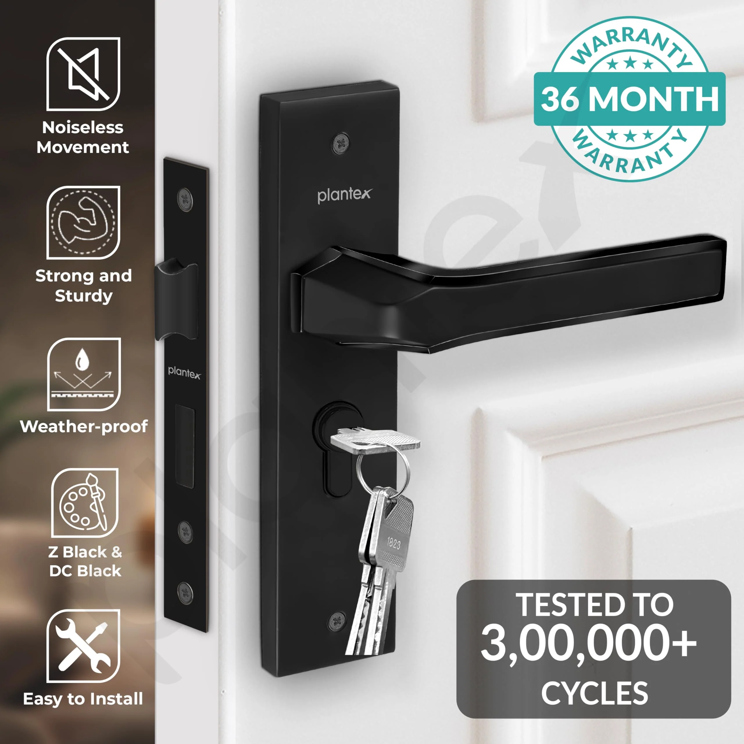 Plantex Heavy Duty Door Lock Set - Main Door Lock Handle Set/Mortise Locks with 3 Keys, Brass Body & Cylinder (8126 - Z Black & DC Black) - Image 2