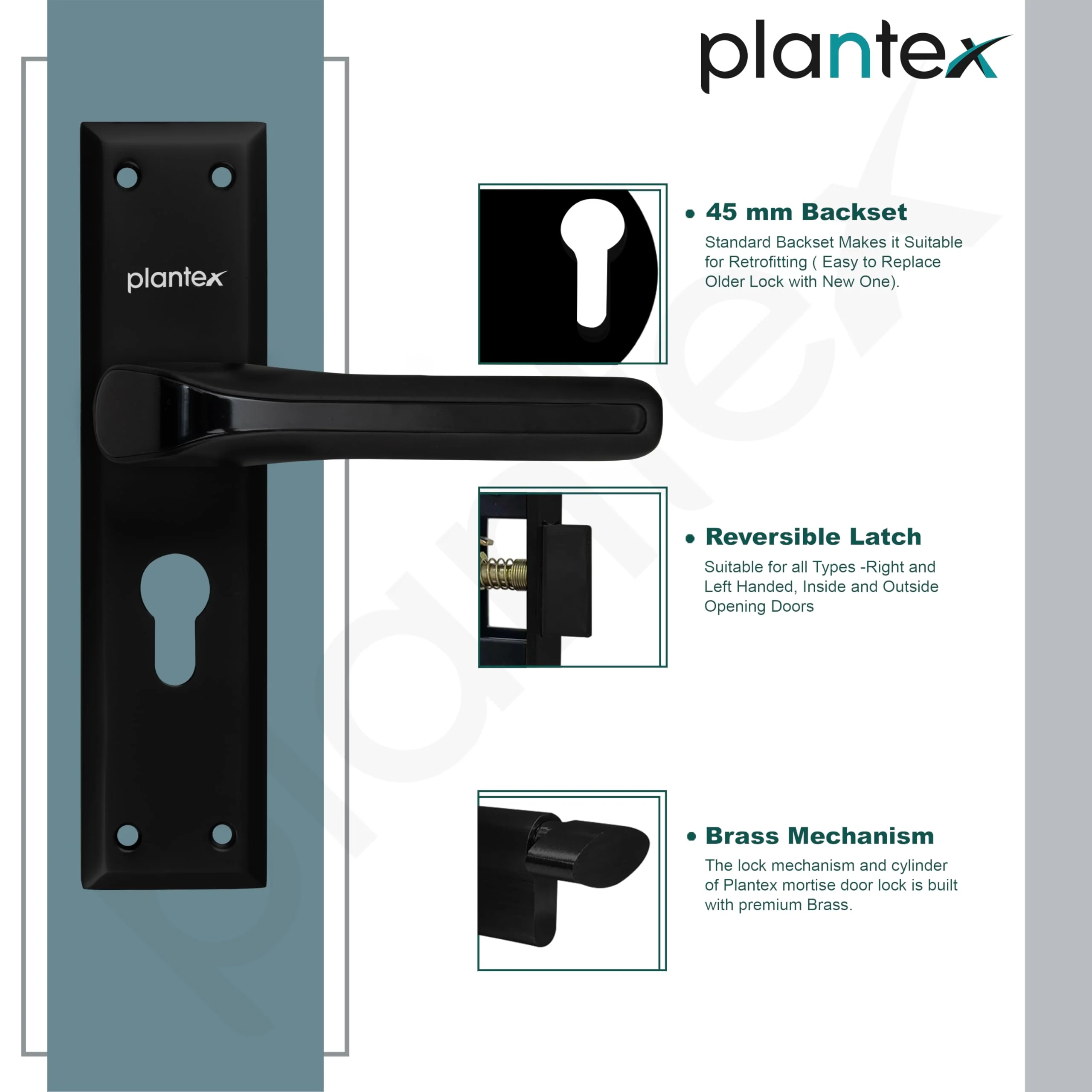 Plantex Heavy-Duty Door Lock Set - Main Door Lock Plate Handle Set/6-Lever Mechanism Mortise Locks with 3 Keys/Brass Locks Body & Cylinder (PTP-012- Black) - Image 6