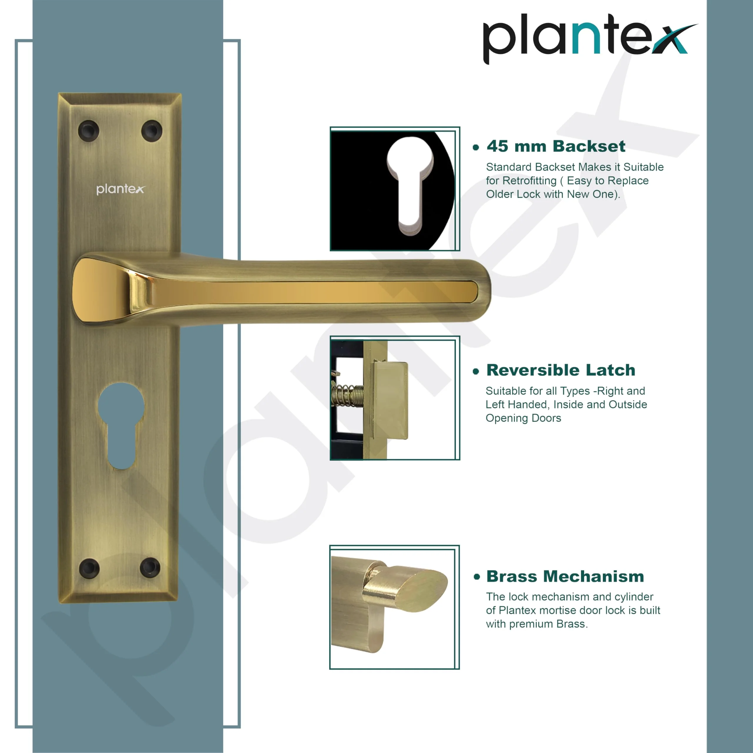 Plantex Heavy-Duty Door Lock Set - Main Door Lock Plate Handle Set/6-Lever Mechanism Mortise Locks with 3 Keys/Brass Locks Body & Cylinder (PTP-012- Brass Antique & Gold) - Image 6