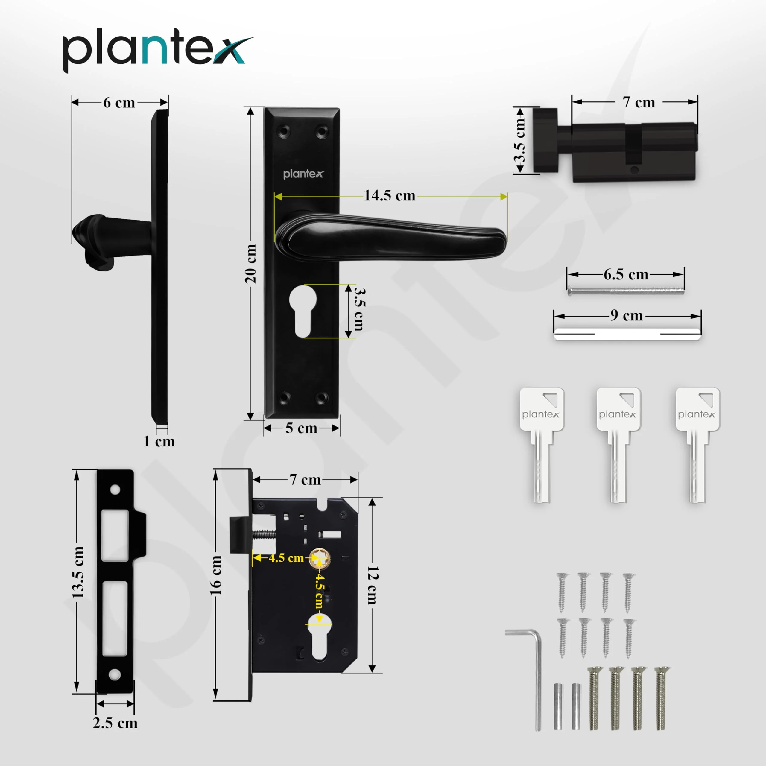 Plantex Heavy-Duty Door Lock Set - Main Door Lock Plate Handle Set/6-Lever Mechanism Mortise Locks with 3 Keys/Brass Locks Body & Cylinder (PTP-09- Black) - Image 3
