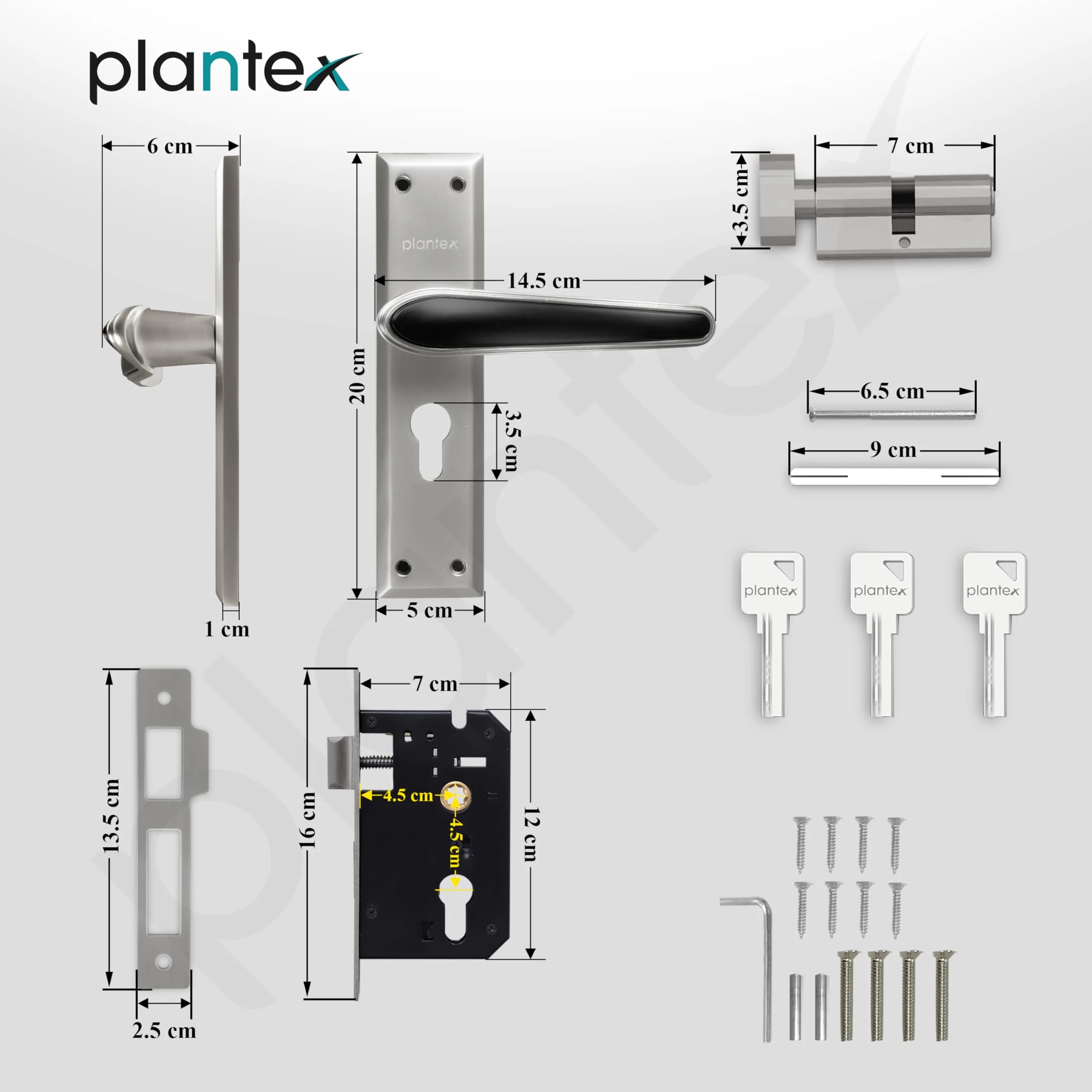 Plantex Heavy-Duty Door Lock Set - Main Door Lock Plate Handle Set/6-Lever Mechanism Mortise Locks with 3 Keys/Brass Locks Body & Cylinder (PTP-09- Satin & Black) - Image 3