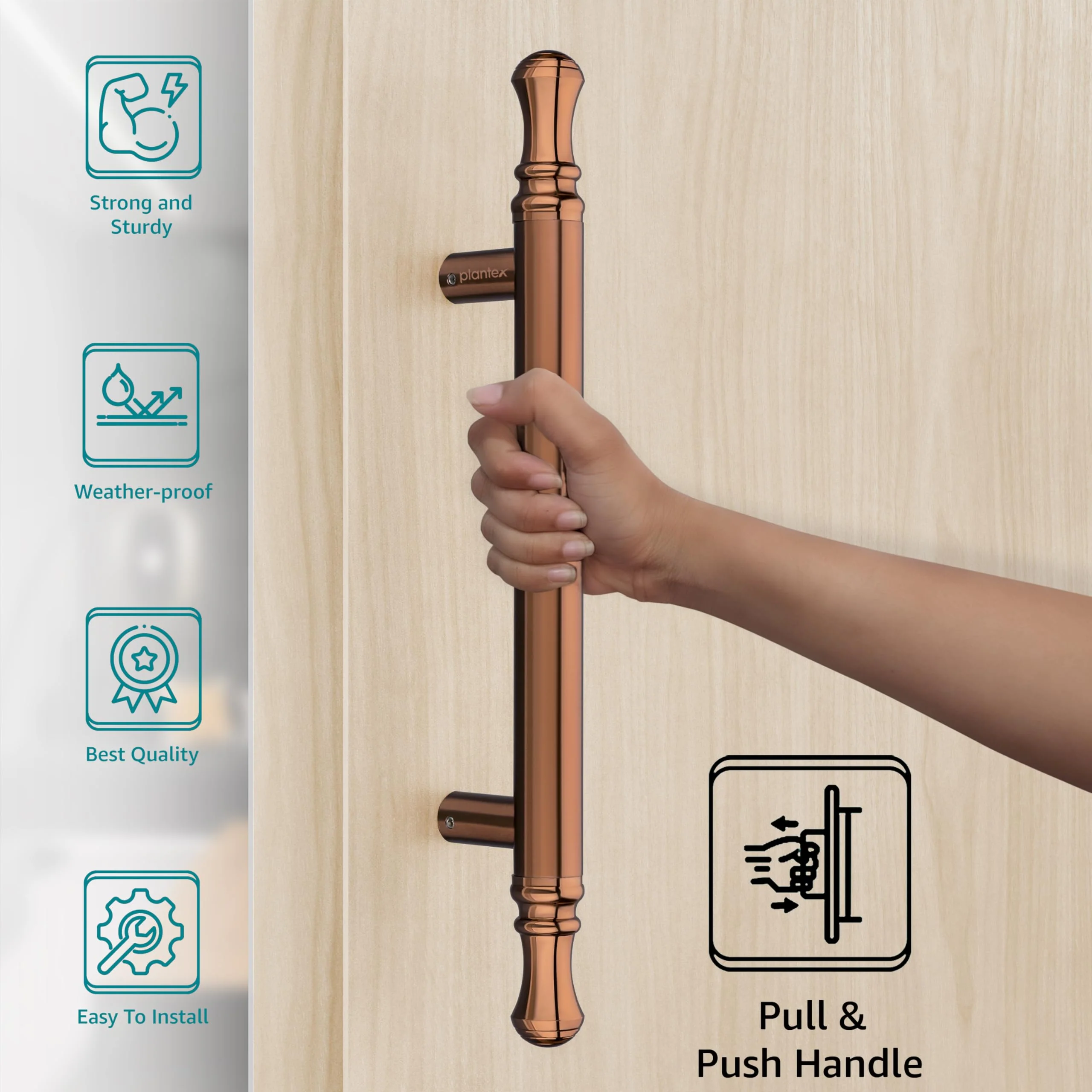 Plantex Heavy Duty Main Door Handle - 14 Inch Pull-Push Handle for Glass & Wooden Doors - Pack of 1 (PVD Rose Gold) - 3 Years Warranty - Image 3