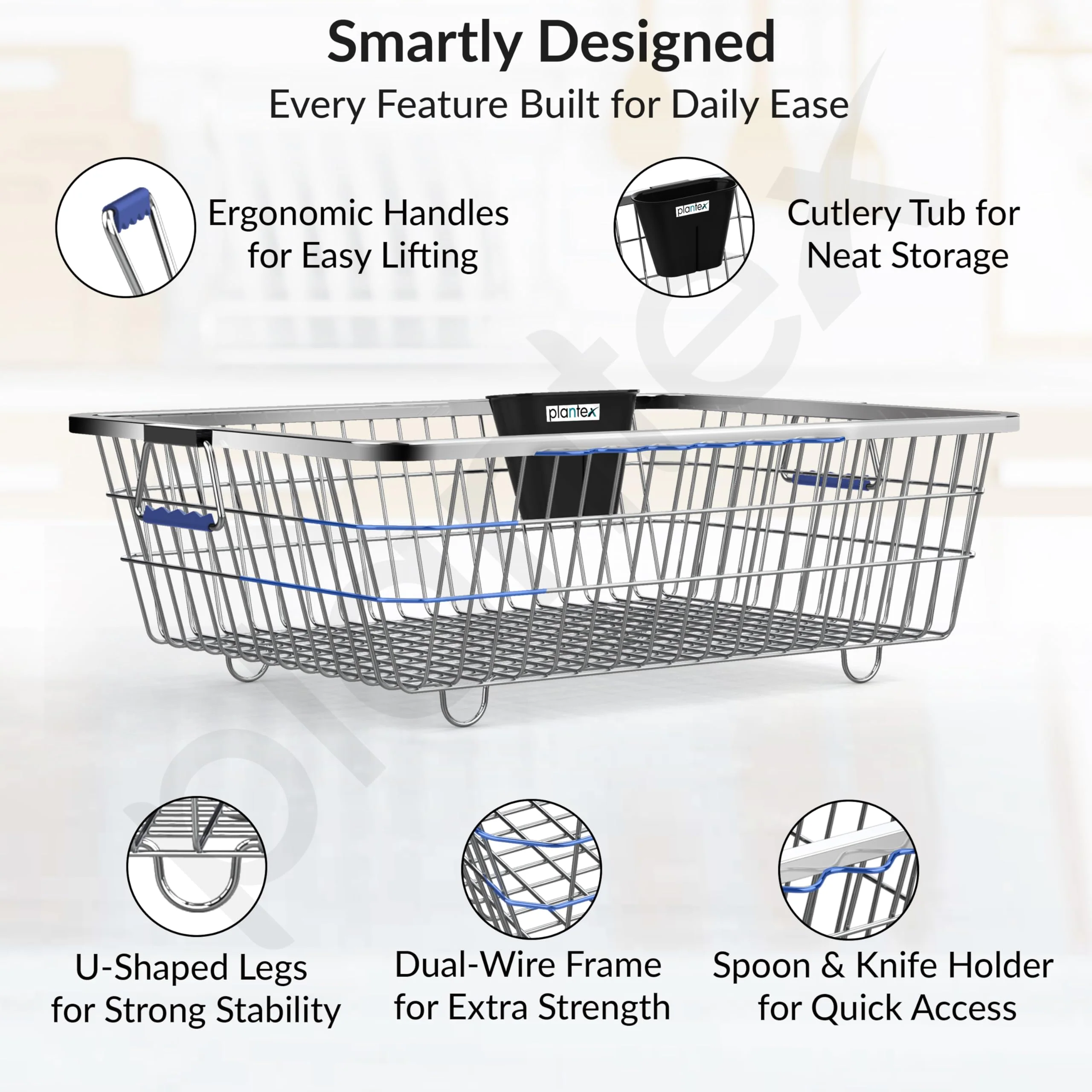 Plantex Heavy-Duty Stainless-Steel Dish Drainer Basket for Kitchen Utensils/Dish Drying Rack/Plate Stand/Bartan Basket (Medium Size-58x45x20cm) - Image 3