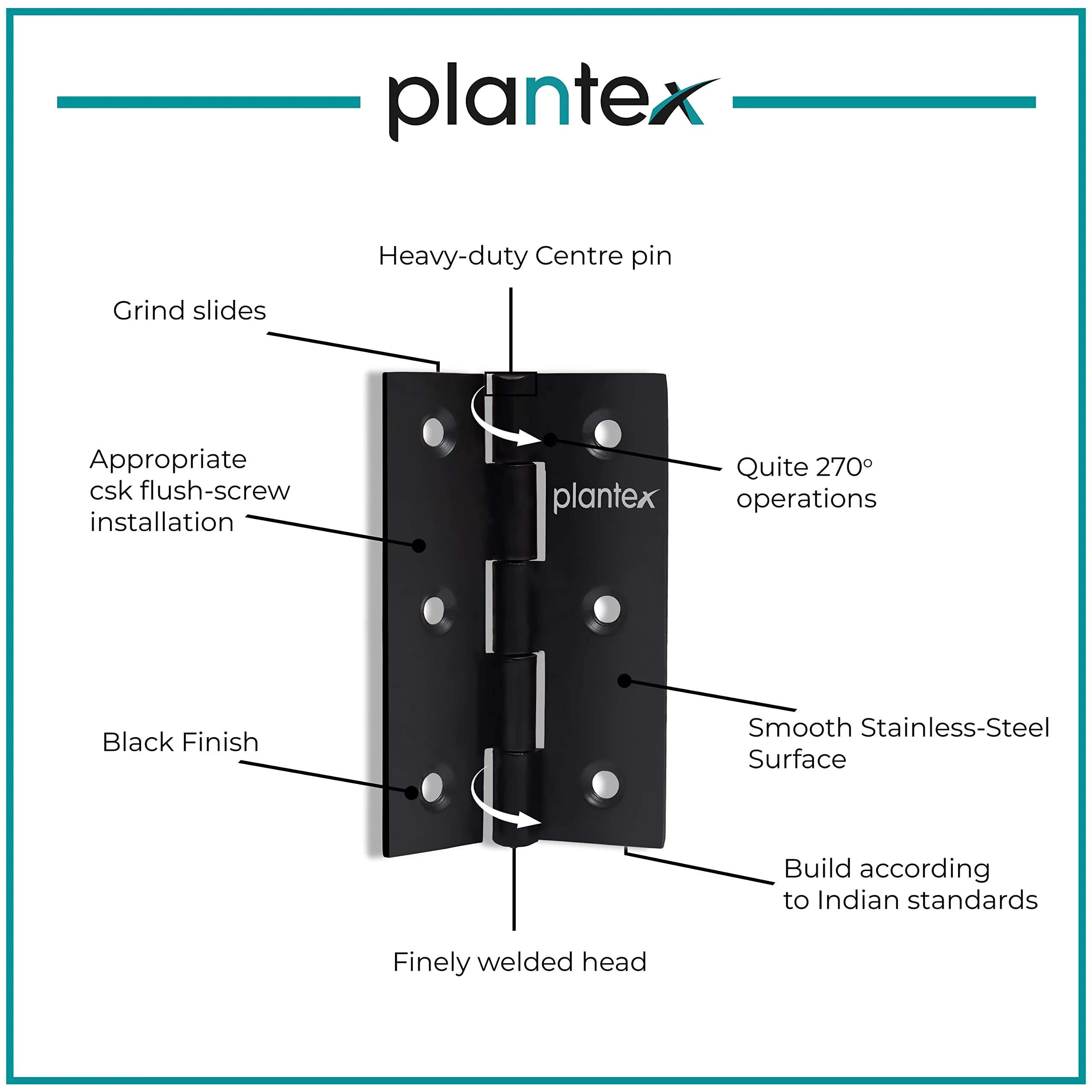 Plantex Heavy Duty Stainless Steel Door Butt Hinges 3 inch x 16 Gauge/1.5 mm Thickness Black Powder Coated Home/Office/Hotel for Main Door/Wooden/Bedroom/Kitchen/Window/Kabja - Pack of 12 (Black) - Image 4