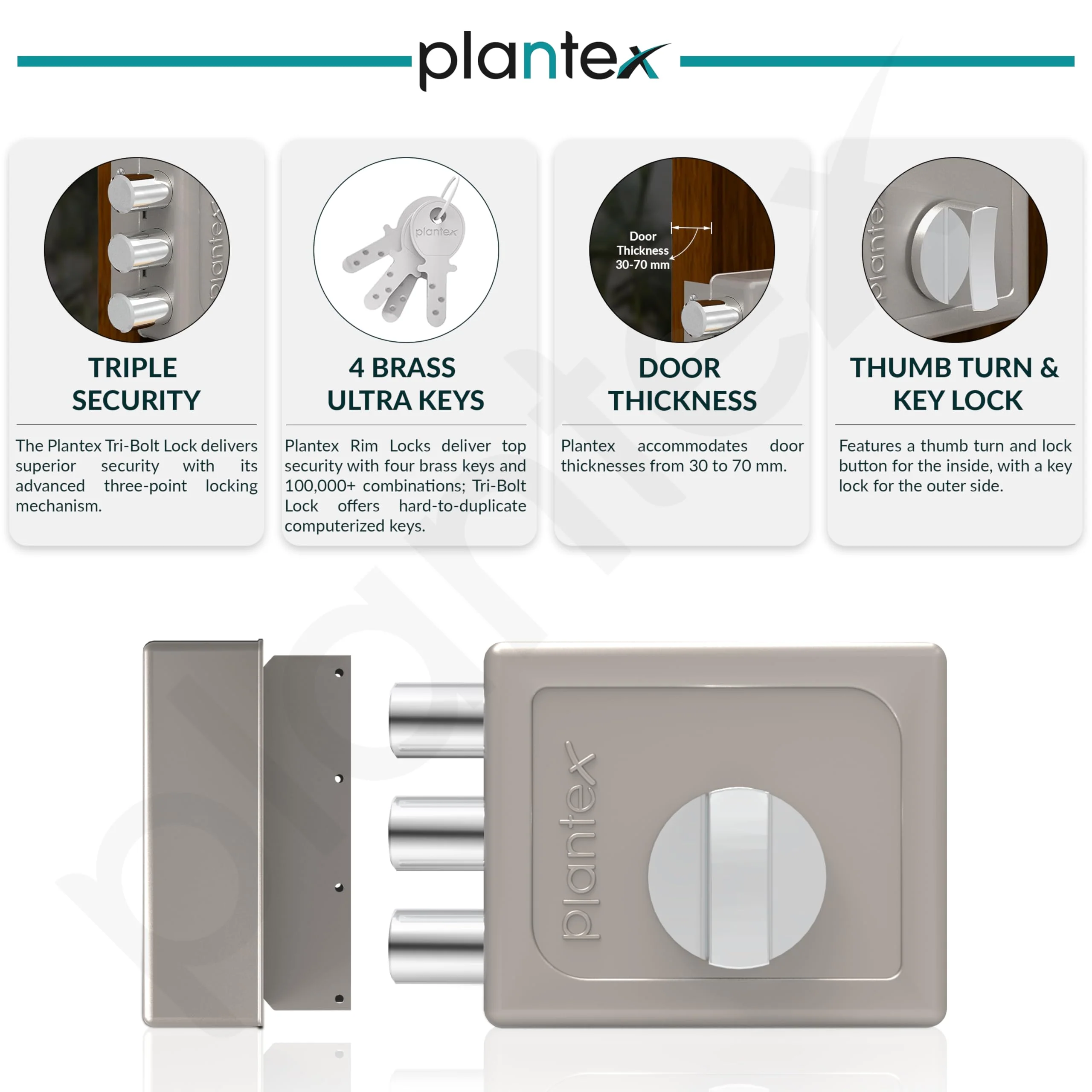 Plantex Heavy Duty Tri Bolt Lock with Key & Knob for Main Door/Suitable on Single Door for Home,Office,Hotel - Pack of 1 (Matt) - Image 4