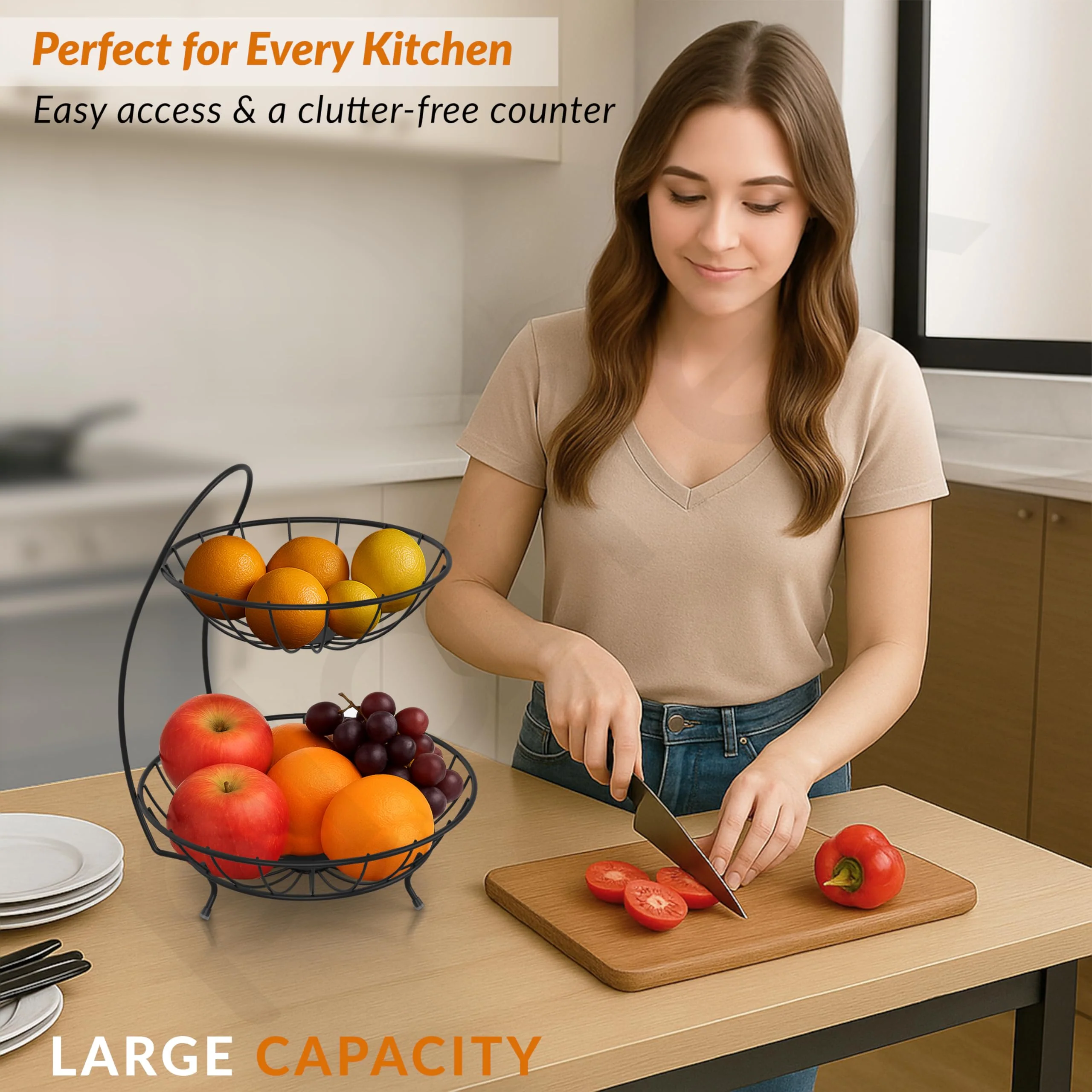 Plantex Heavy Steel 2-Tier Fruit & Vegetable Basket For Dining Table/Kitchen - Countertop (Black), 9 Liter , 23 x 32 x 28 Centimeters - Image 6