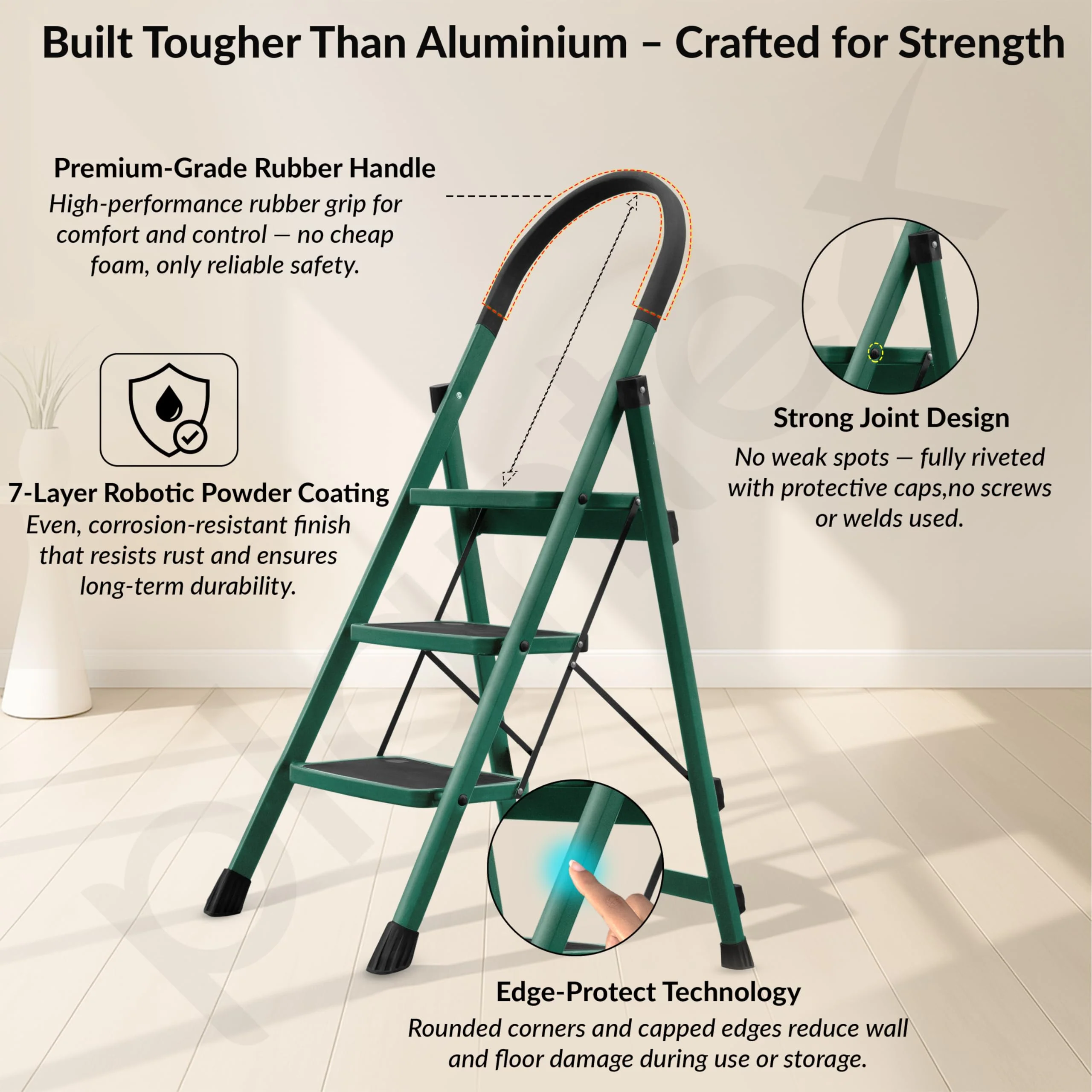 Plantex Hercules Pro 3-Step Foldable Ladder for Home with 200 kg Load Capacity/Heavy-Duty GI Steel Ladder/Anti-Slip Wide Step/Strong, Stable & Multi-Purpose (Green) - Image 2