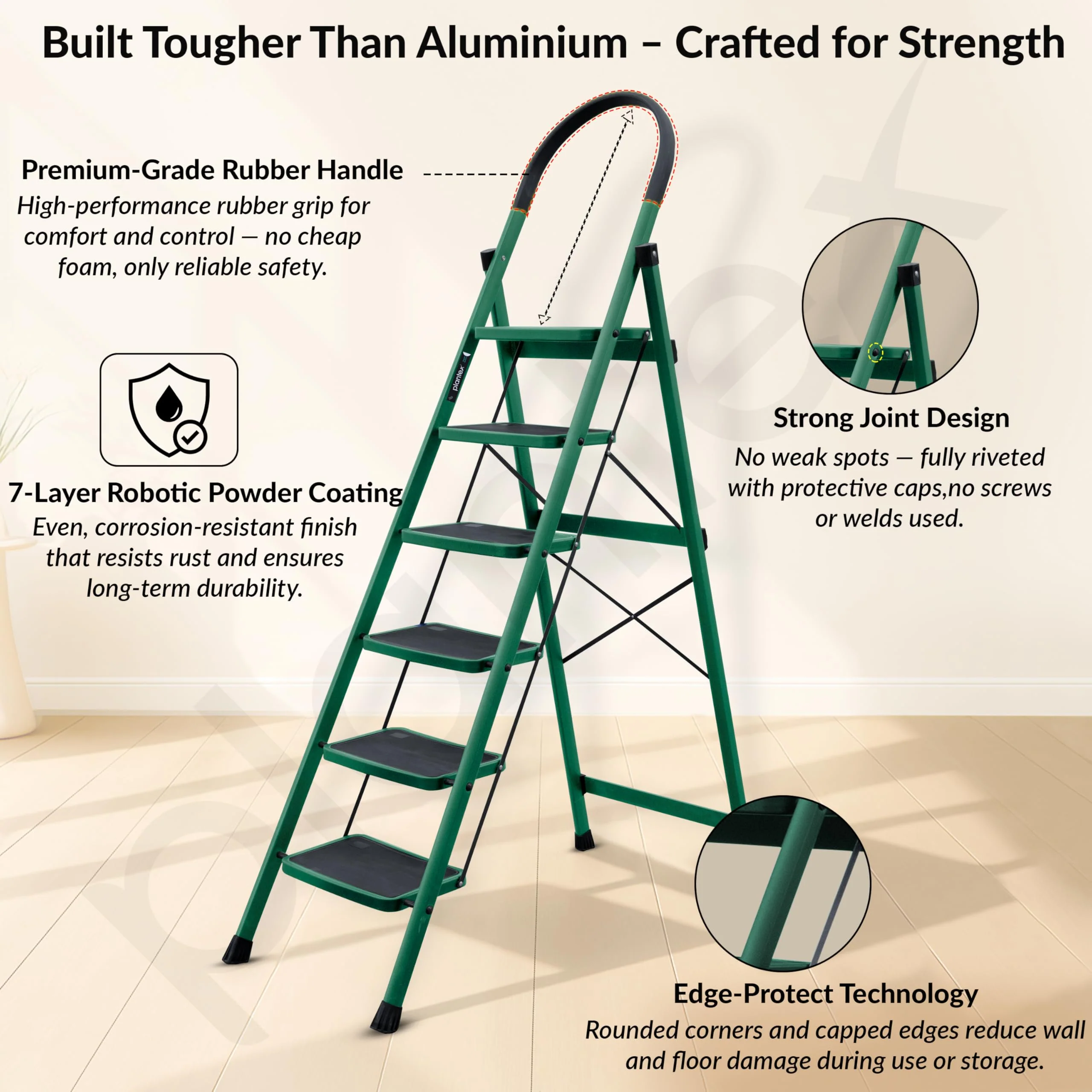 Plantex Hercules Pro 6-Step Foldable Ladder for Home with 200 kg Load Capacity/Heavy-Duty GI Steel Ladder/Anti-Slip Wide Step/Strong, Stable & Multi-Purpose (Green) - Image 2
