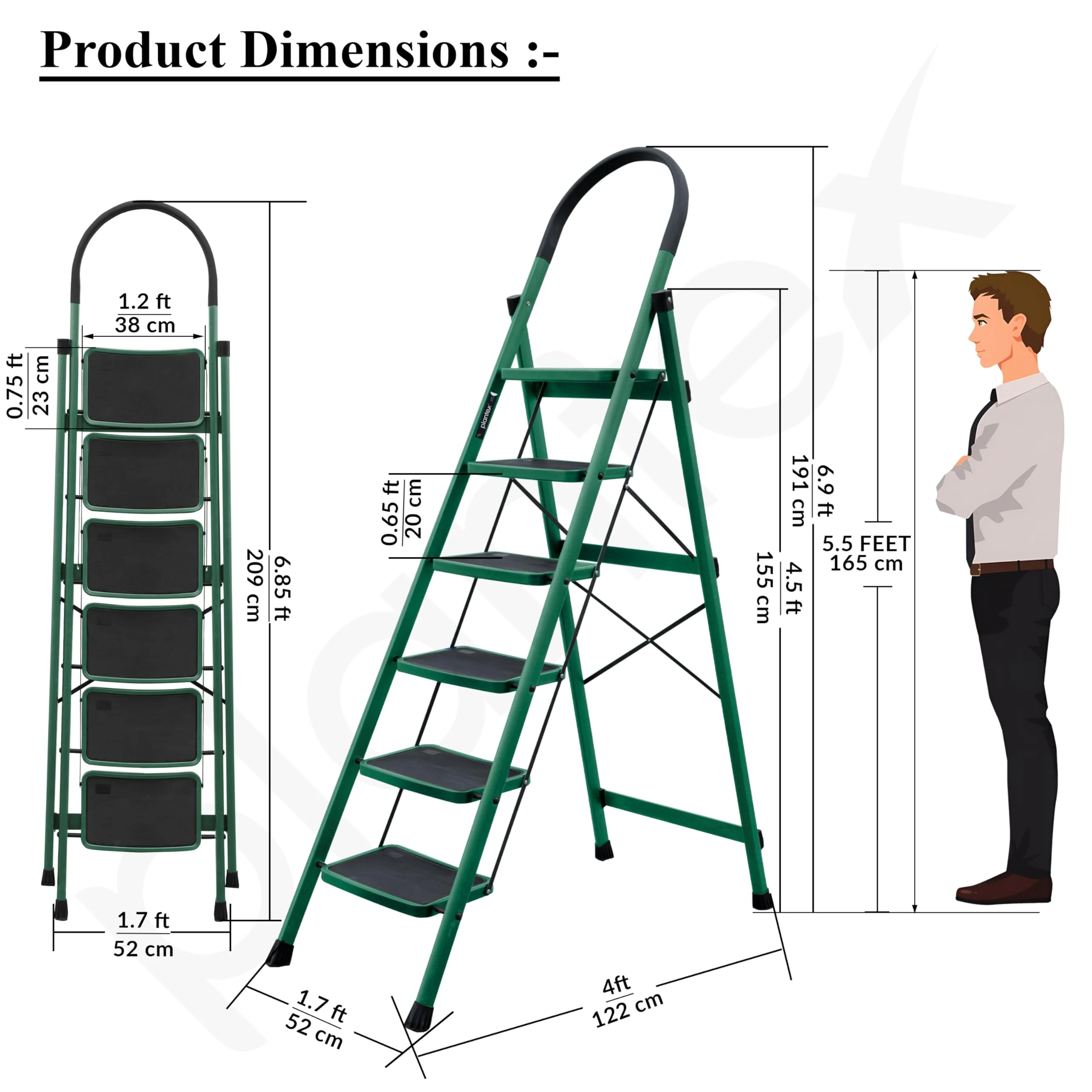 Plantex Hercules Pro 6-Step Foldable Ladder for Home with 200 kg Load Capacity/Heavy-Duty GI Steel Ladder/Anti-Slip Wide Step/Strong, Stable & Multi-Purpose (Green) - Image 3