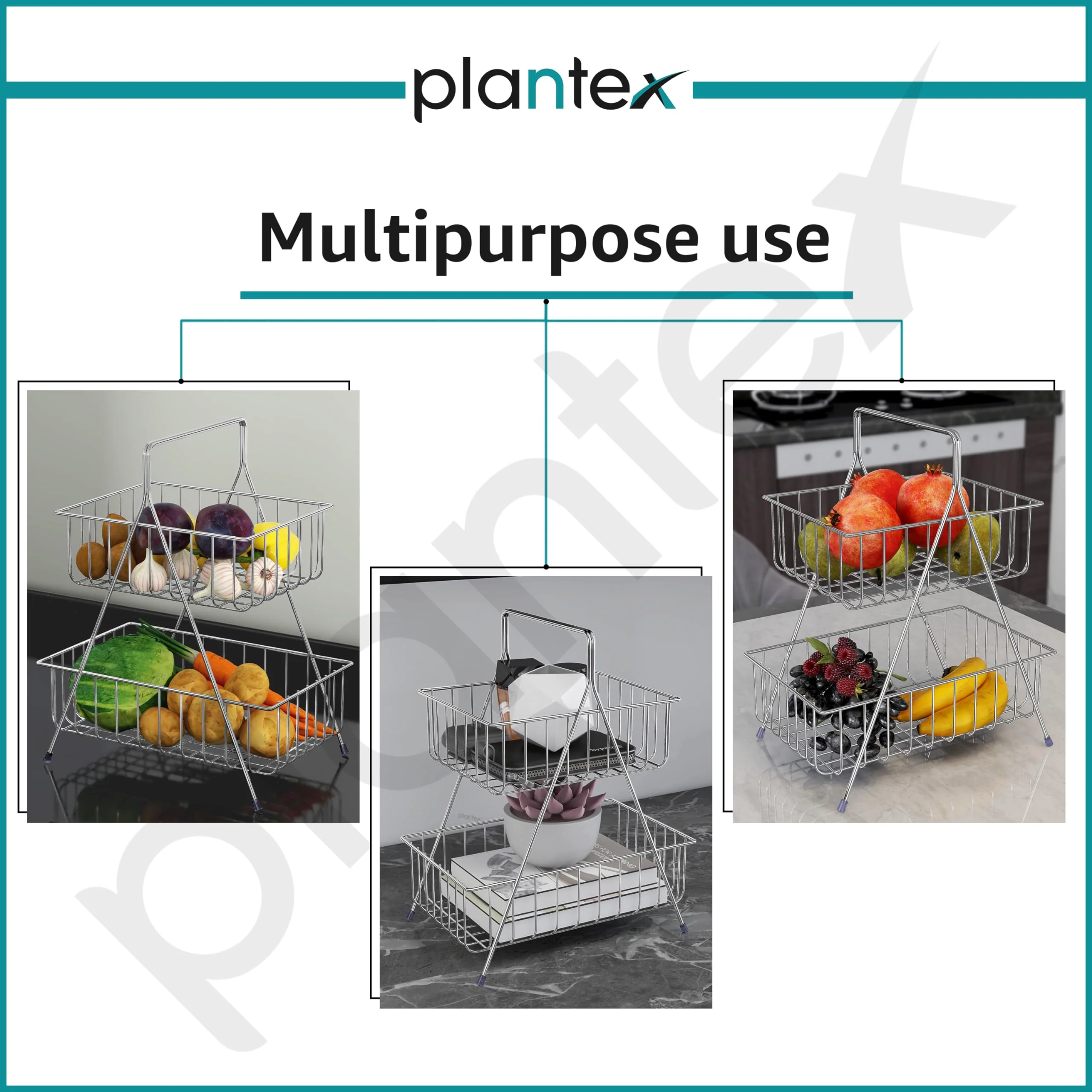 Plantex High Grade Steel 2-Tier Fruit & Vegetable Basket For Dining Table/Kitchen (Chrome), Countertop, Tiered Shelf - Image 3