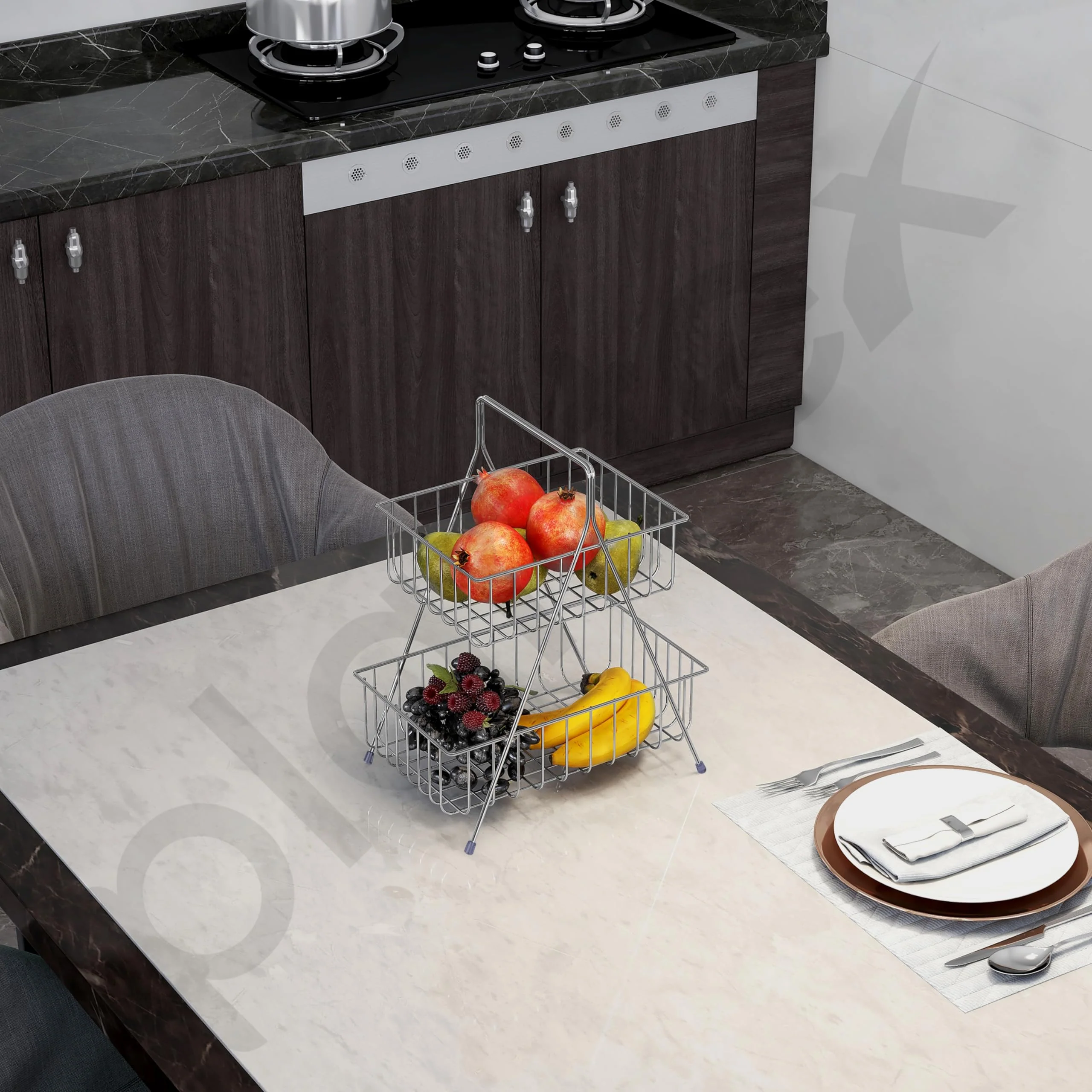 Plantex High Grade Steel 2-Tier Fruit & Vegetable Basket For Dining Table/Kitchen (Chrome), Countertop, Tiered Shelf - Image 5