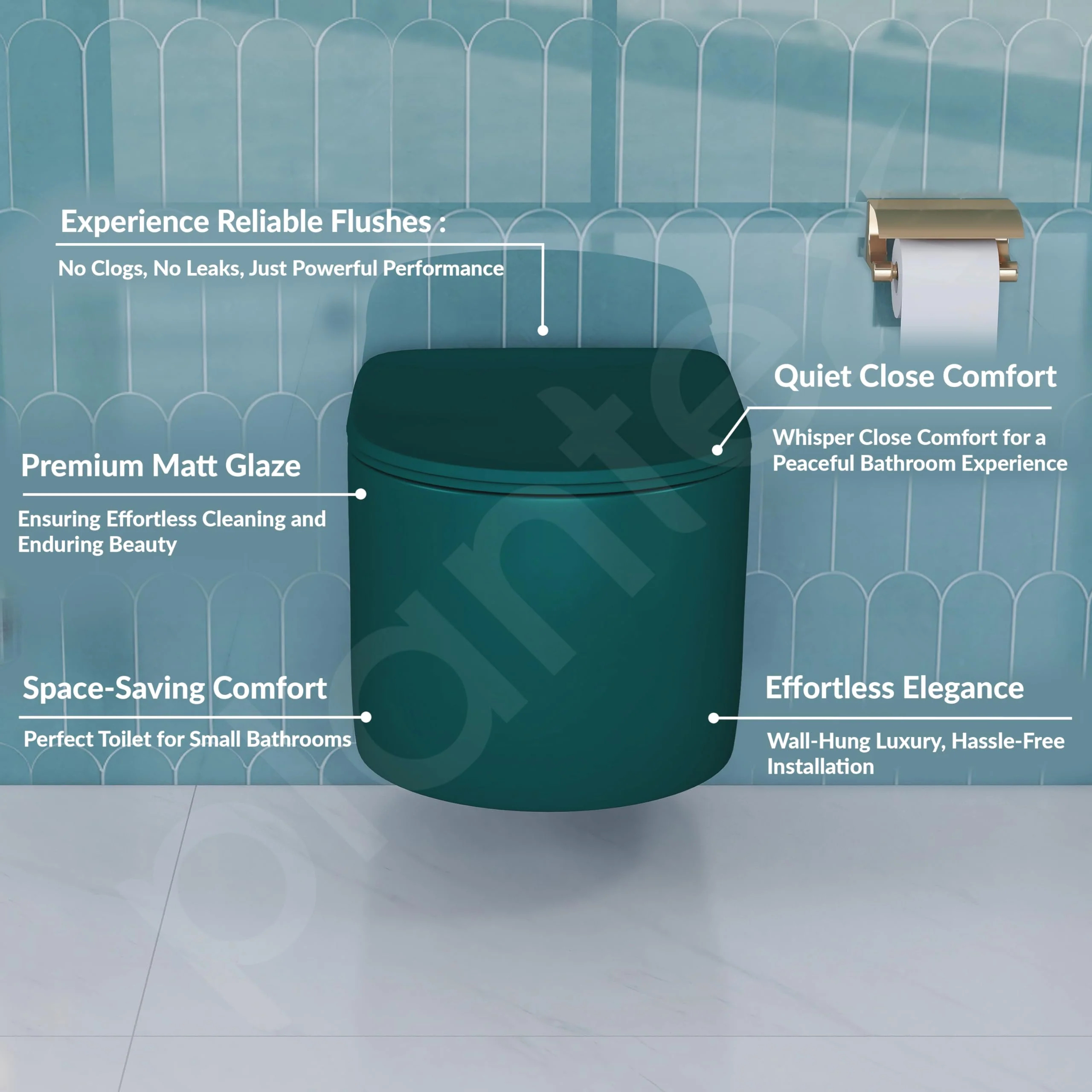 Plantex Imported Ceramic Wall Hung Commode for Toilet/Rimless Washdown Flush Western Commode with Soft Closing Toilet Seat - P Trap (Round - Matt Green) - Image 2