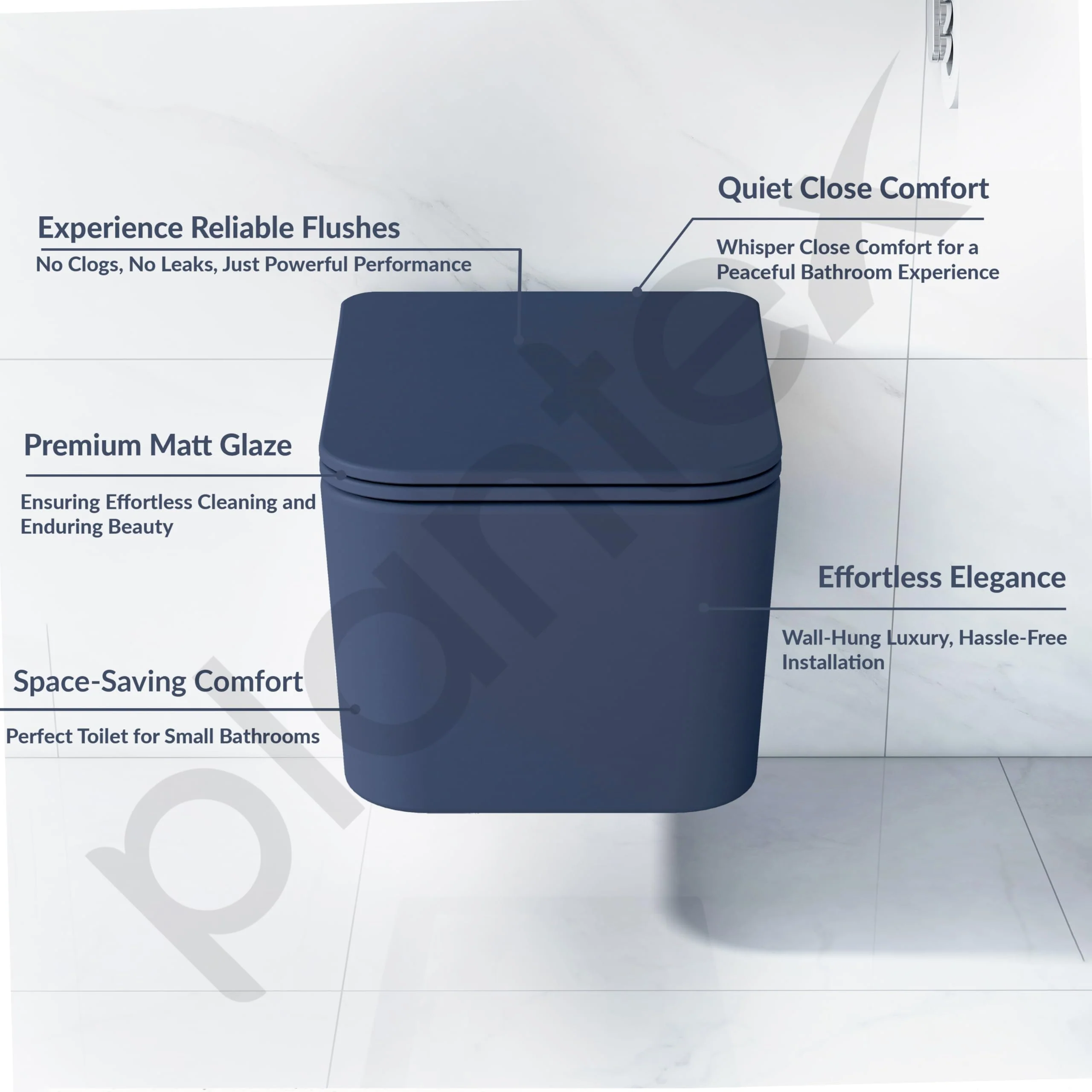 Plantex Imported Italica Ceramic Wall Hung Commode for Toilet/Rimless Washdown Flush/Commode with Soft Closing Toilet Seat - P Trap (Square - Dark Blue) - Image 2