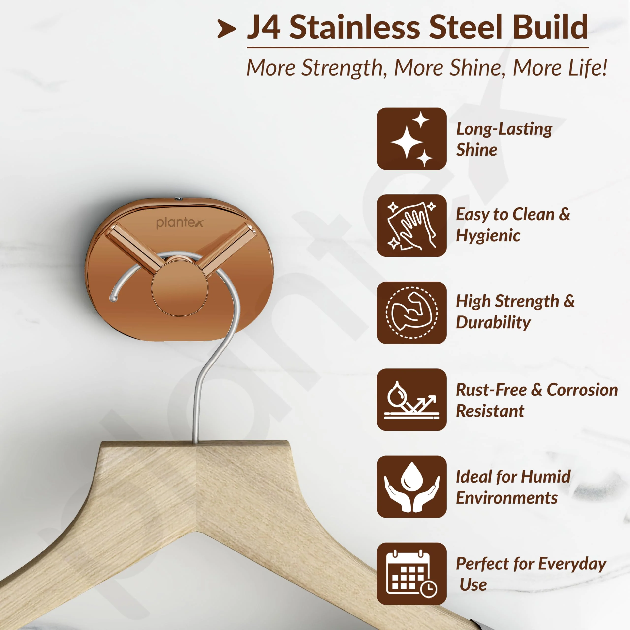 Plantex J4 Stainless Steel Clothes Hanger for Wall/Hangers for Bathroom/Robe Hook/Bathroom Accessories (PVD Rose Gold Finish) Onix - Image 2