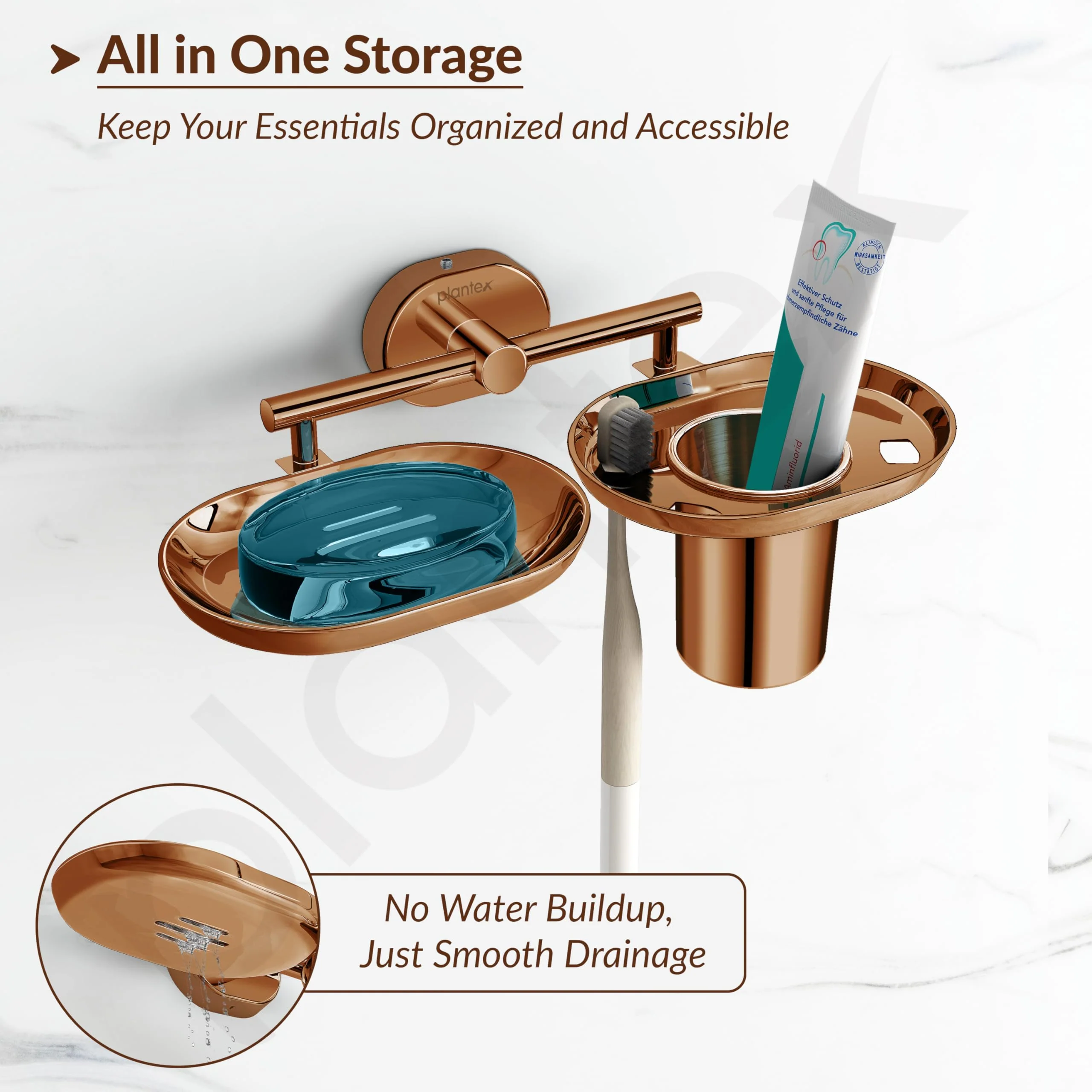 Plantex J4 Stainless Steel Soap Dish with Tumbler Holder/Soap and Brush Holder for Bathrooom/2 in 1 Soap Holder with Toothbrush Holder/Bathroom Accessories (PVD Rose Gold Finish) Onix - Image 5