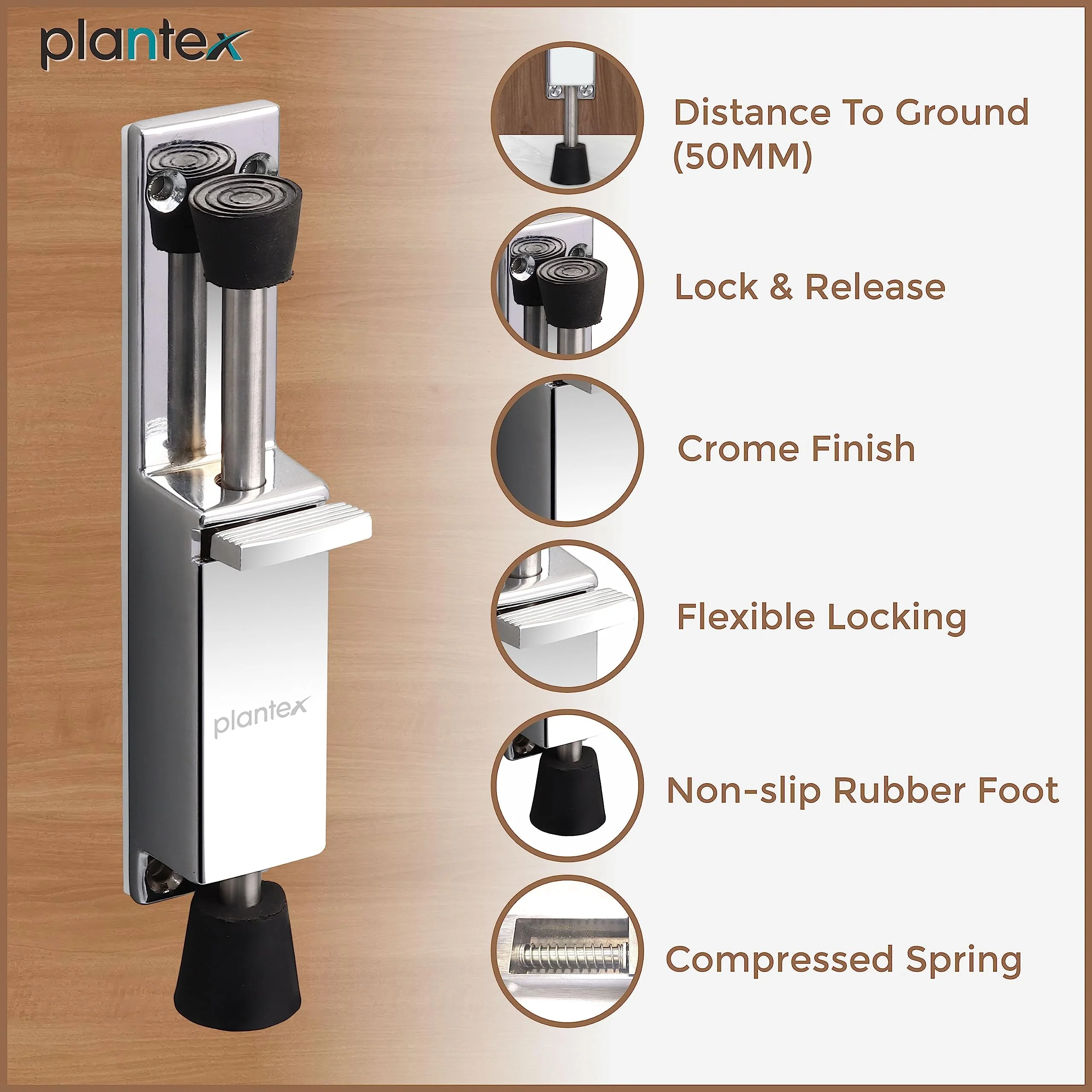 Plantex Kickdown Door Stoper Spring Loaded Telescopic Step On/Off Door Stopper Rubber, Adjustable Heavy Duty Door Locks Holder Stop/Release by Foot - (Chrome) - Image 5