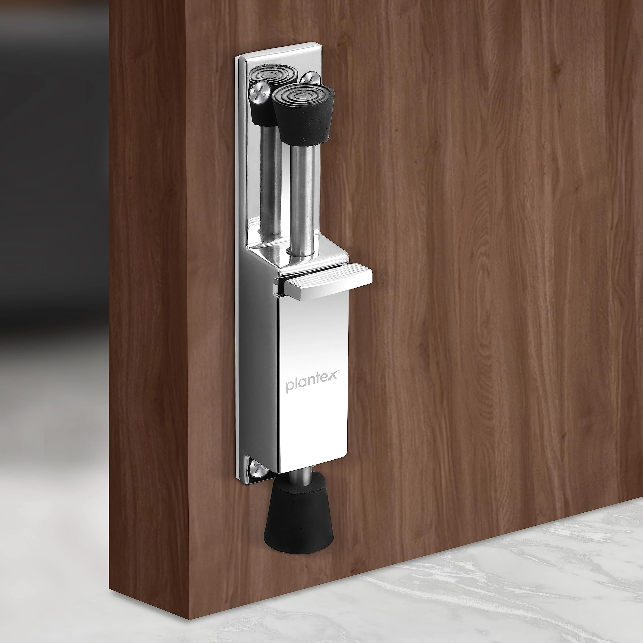 Plantex Kickdown Door Stoper Spring Loaded Telescopic Step On/Off Door Stopper Rubber, Adjustable Heavy Duty Door Locks Holder Stop/Release by Foot - (Chrome) - Image 6