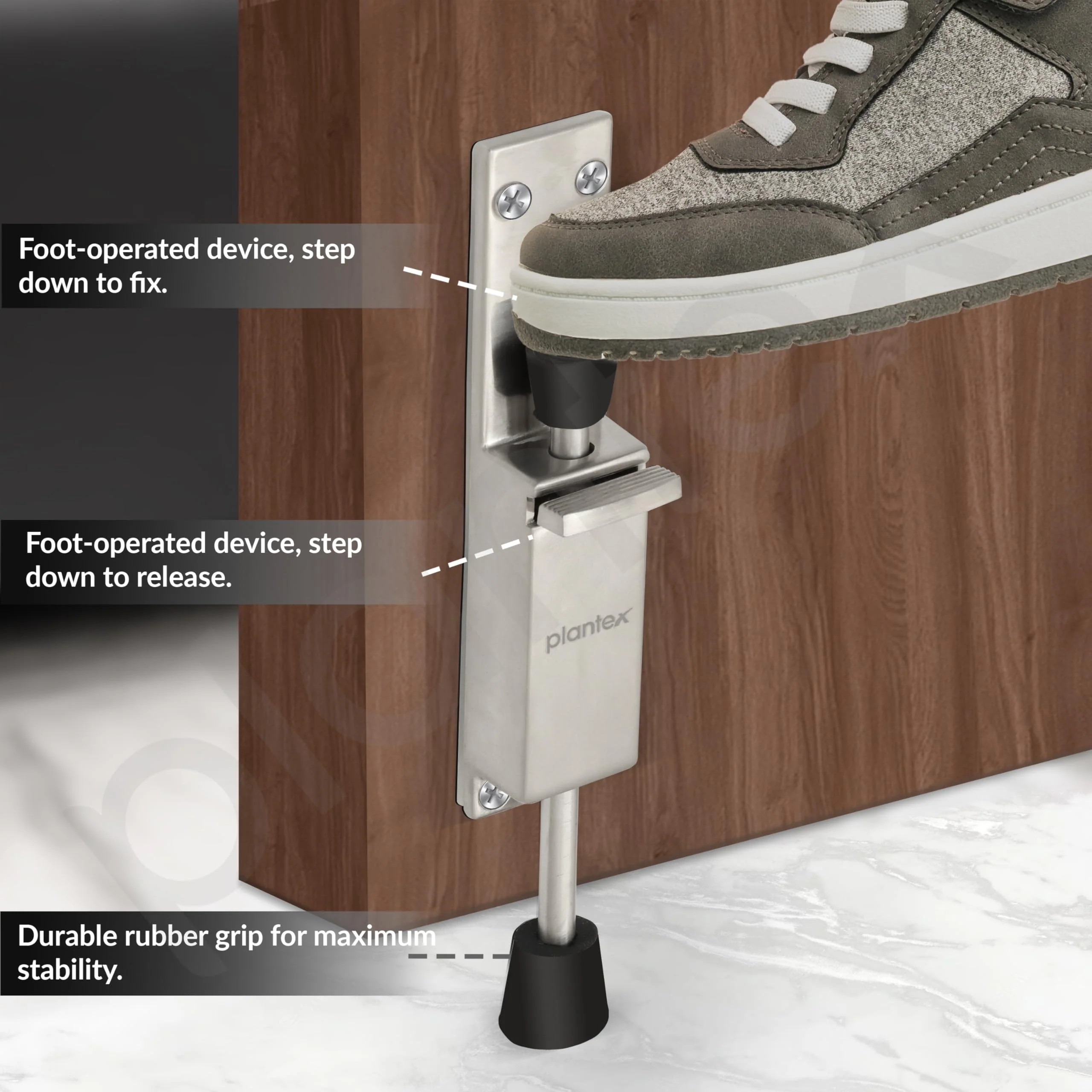 Plantex Kickdown Door Stoper Spring Loaded Telescopic Step On/Off Door Stopper Rubber, Adjustable Heavy Duty Door Locks Holder Stop/Release by Foot - Pack of 1 (Matt) - Image 4