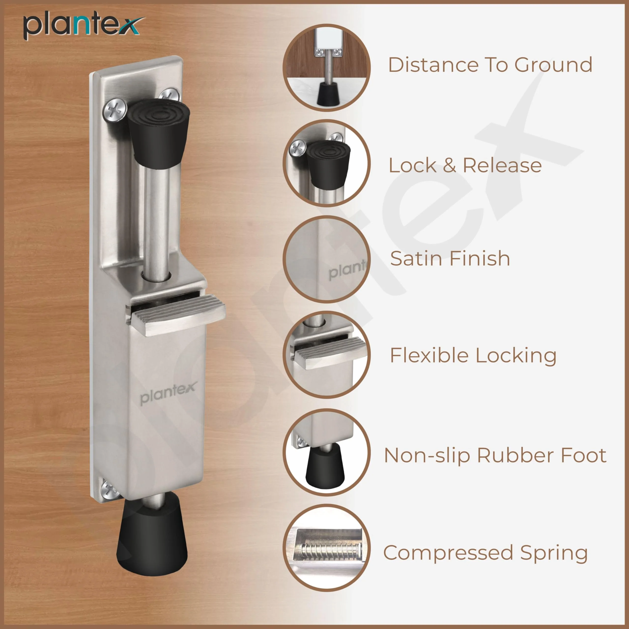 Plantex Kickdown Door Stoper Spring Loaded Telescopic Step On/Off Door Stopper Rubber, Adjustable Heavy Duty Door Locks Holder Stop/Release by Foot - Pack of 1 (Matt) - Image 5