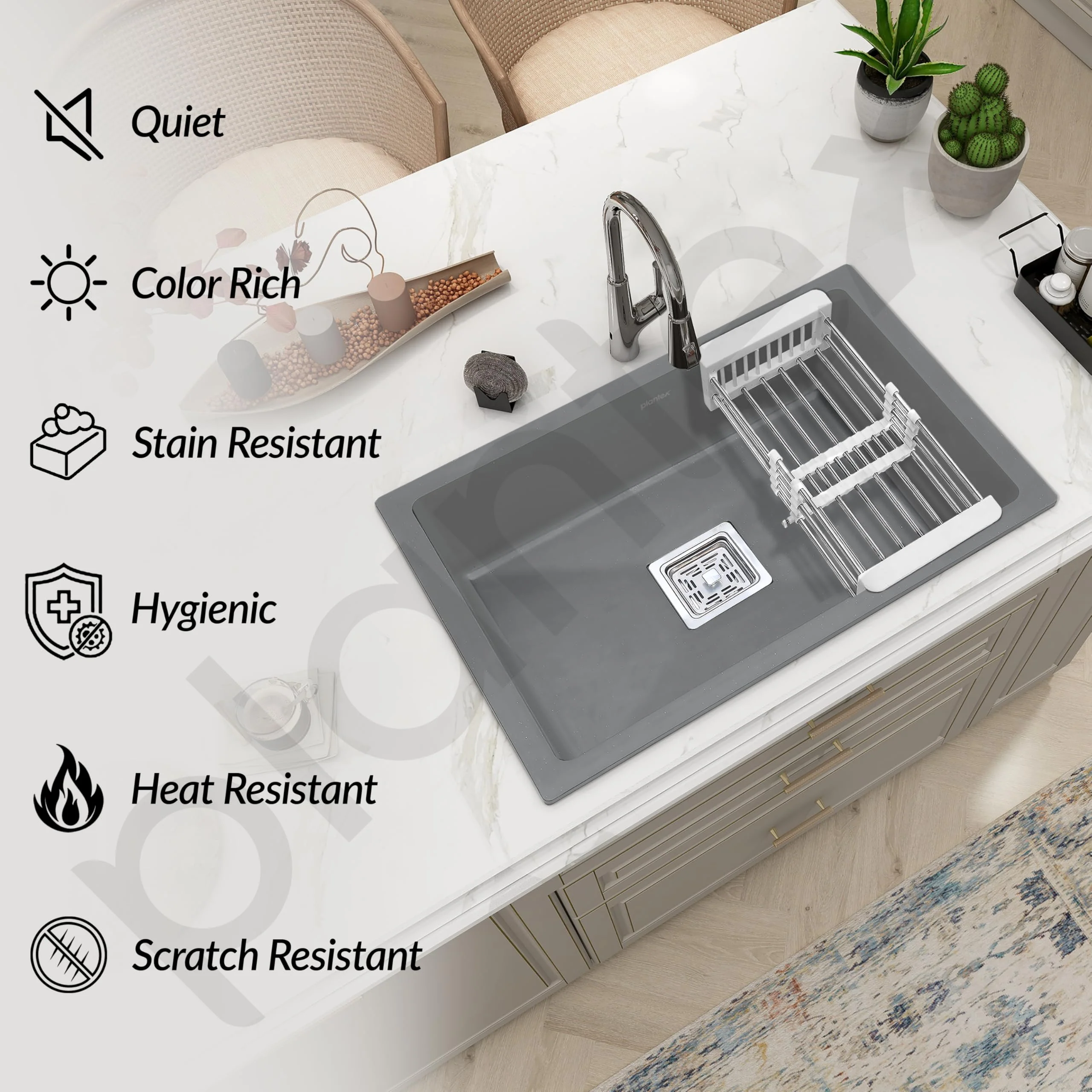 Plantex Kitchen Sink/Quartz Single Bowl Kichen Sink with Hose Pipe and Square Coupling/Under Mount Kitchen Sink - (Grey, 24 x 18 inch) - Image 7