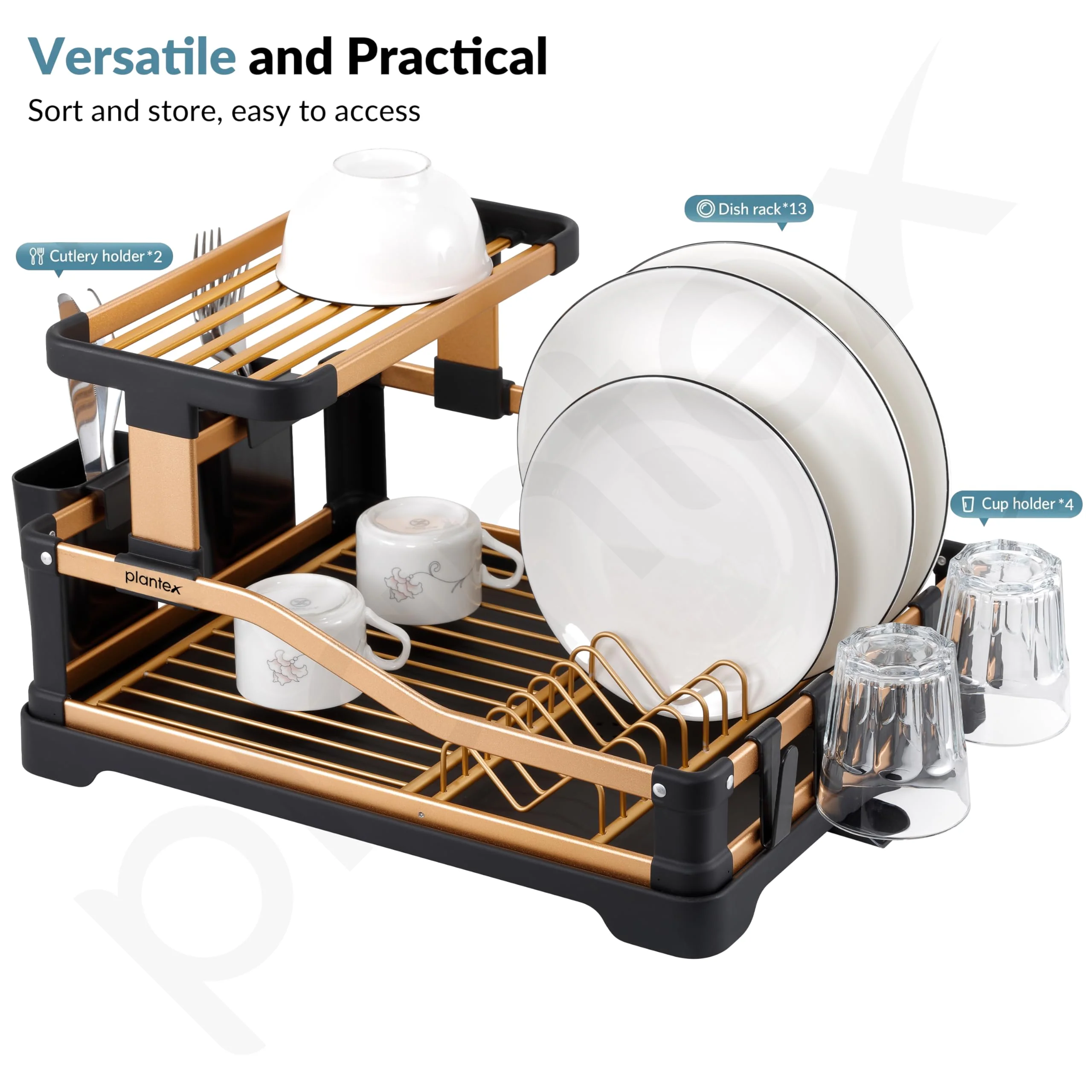 Plantex Kitchen Storage Rack/Aluminium Fold Flat Dish Drying Rack/2-Tier with Drainboard/Kitchen Organiser Rack - (Gold & Black) - Image 4
